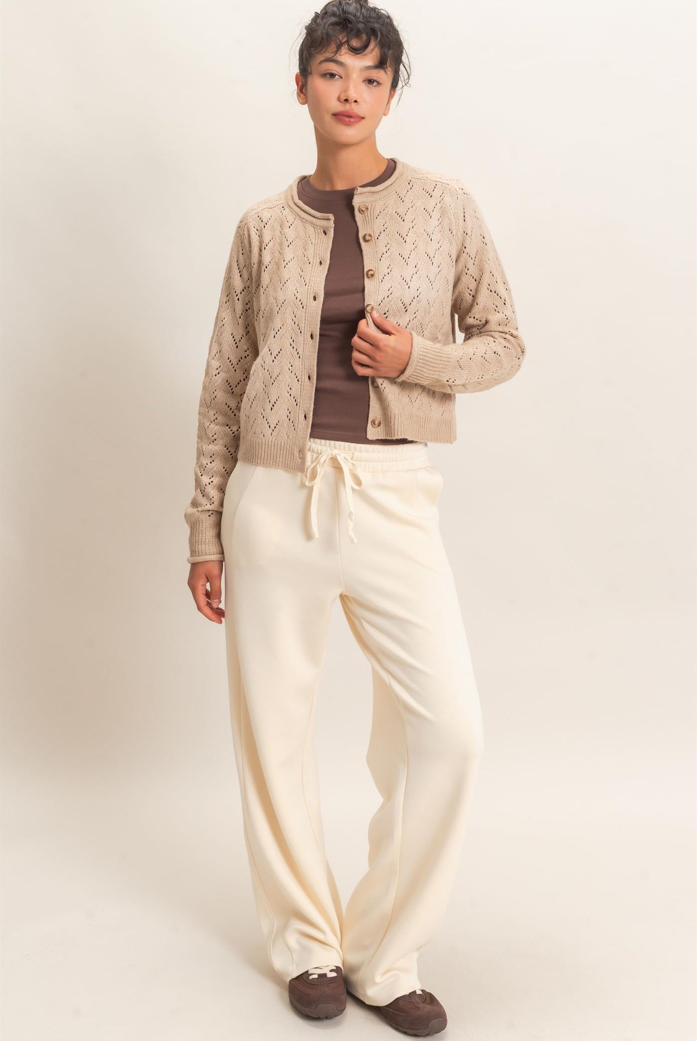 Wholesale Pointelle Knit Button Front Cardigan Cardigans DZ26C978 DARK TAUPE DOUBLE ZERO