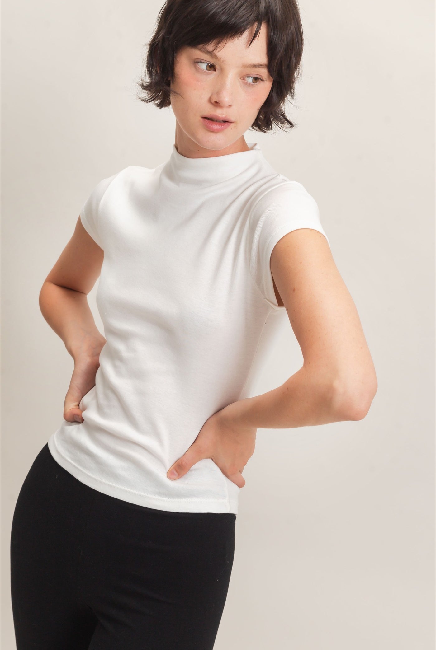 Wholesale Mock Neck Cap Sleeve Top Clothing Tops DZ26E323 WHITE DOUBLE ZERO