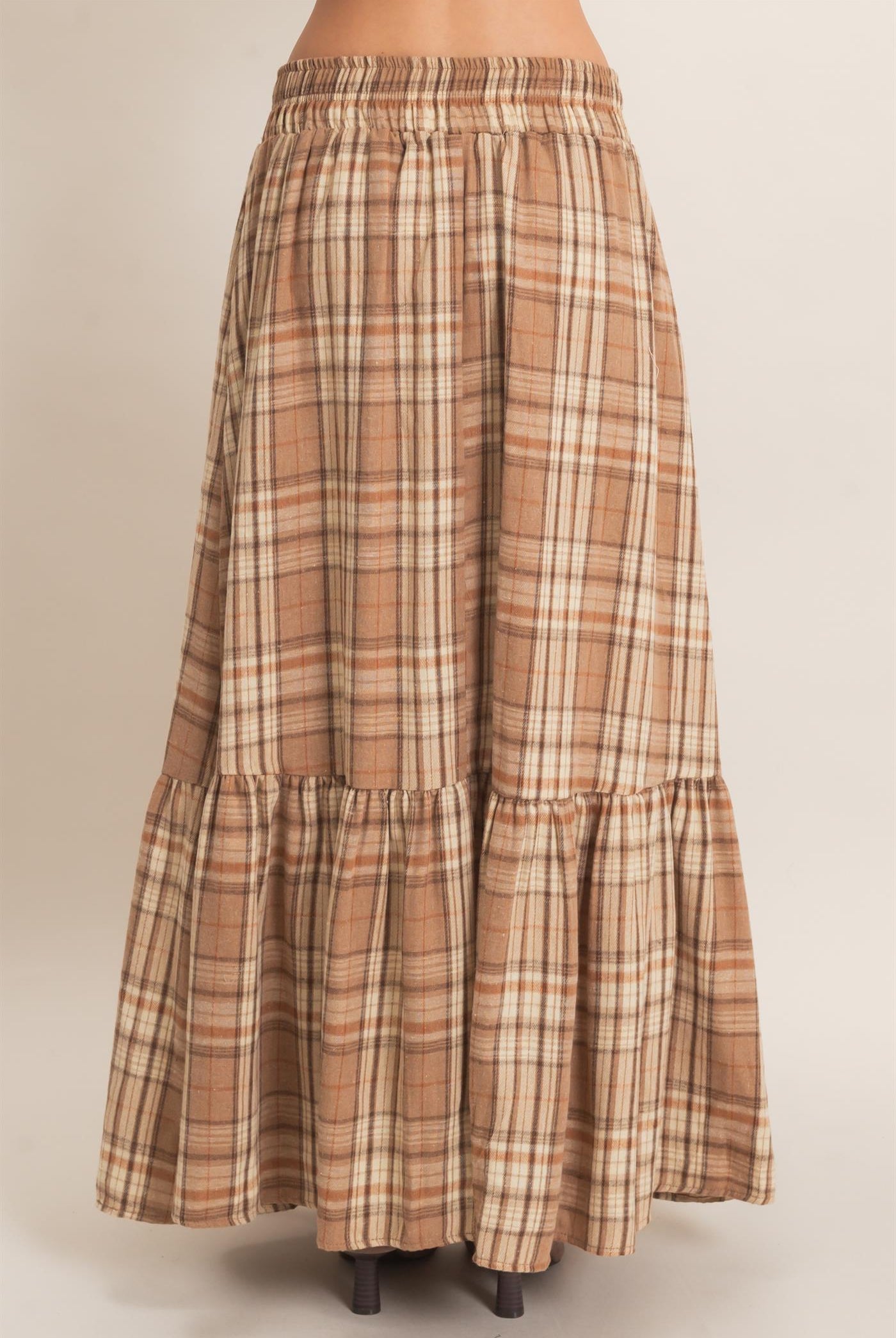 Wholesale Plaid Tiered Ruffle Skirt Skirts HF26E173 MOCHA HYFVE
