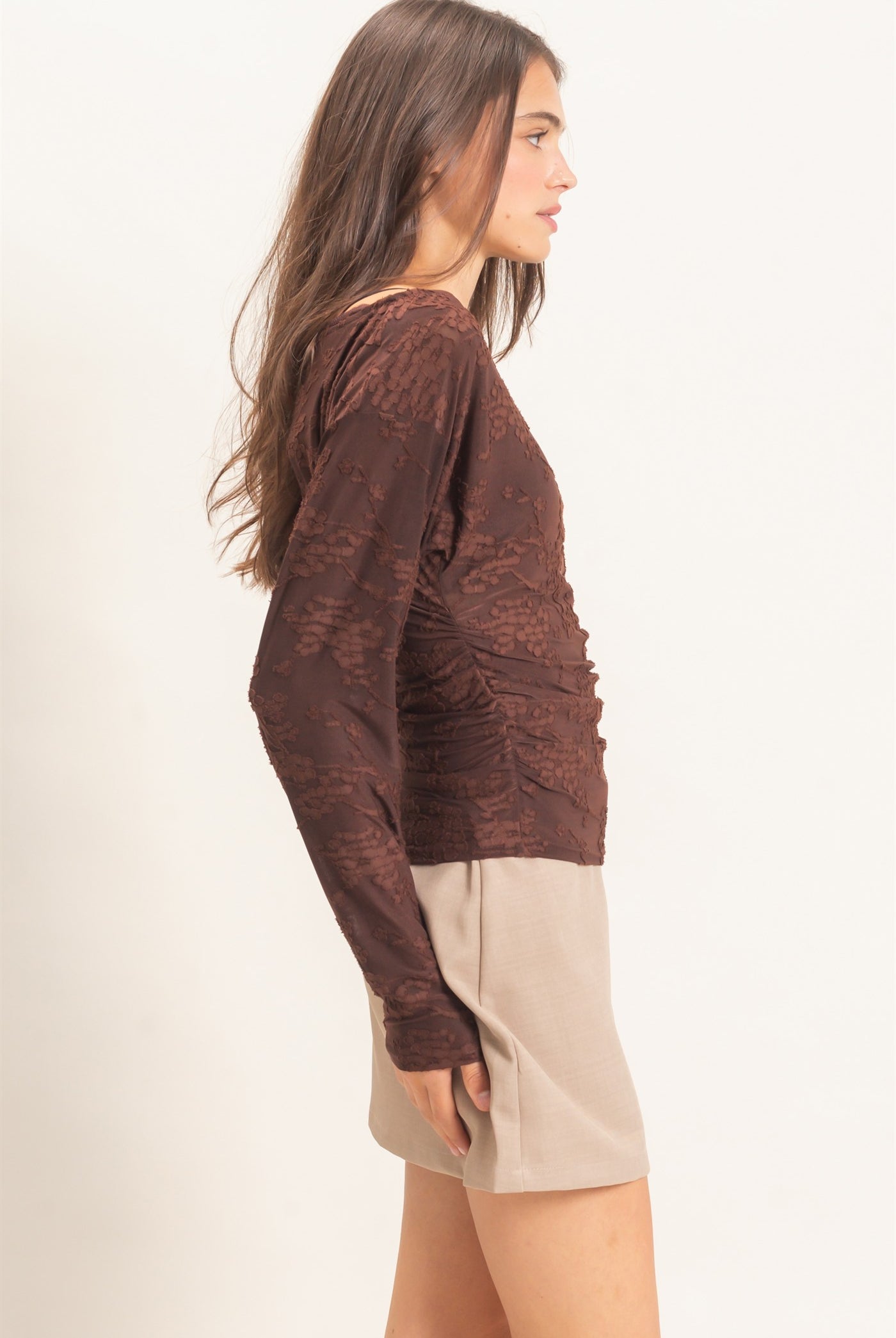 Wholesale Sheer Lace Boat Neck Top Blouses HF26E761 BROWN HYFVE