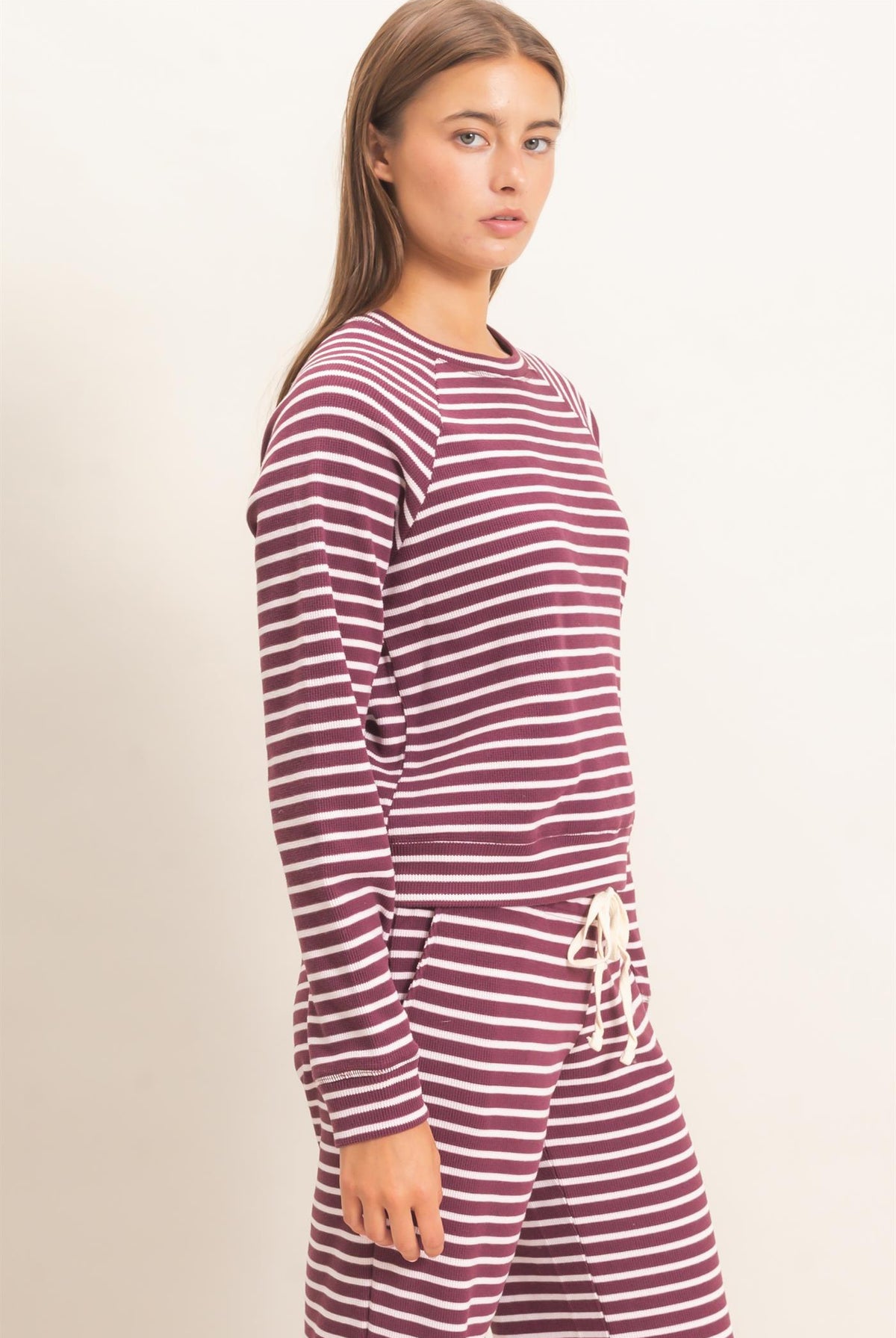 Wholesale Striped Waffle Knit Raglan Top Clothing Tops DZ26E450 DARK CHERRY DOUBLE ZERO