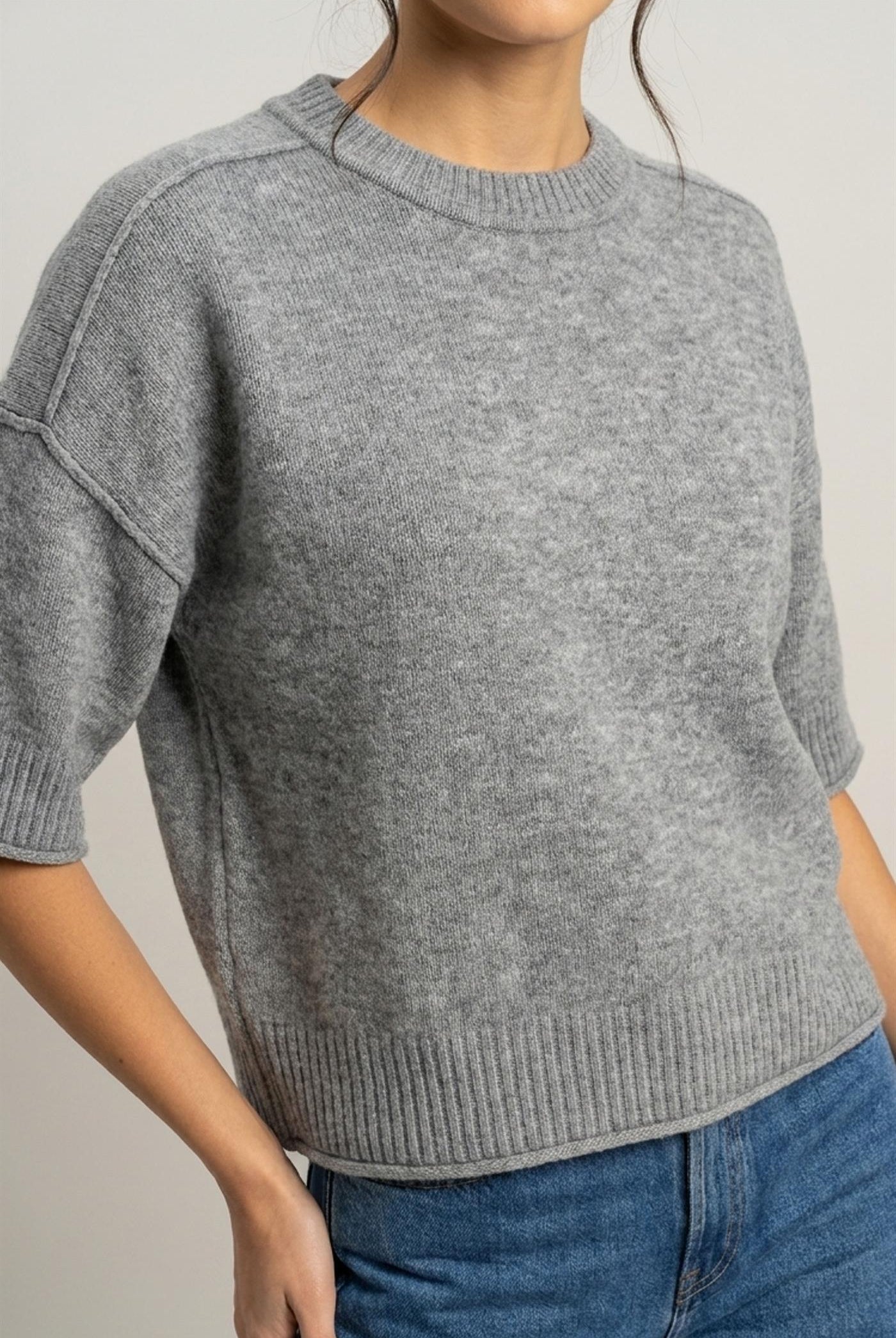 Wholesale Seam Detail Short Sleeve Knit Top Clothing Tops DZ26A827 HEATHER GRAY DOUBLE ZERO