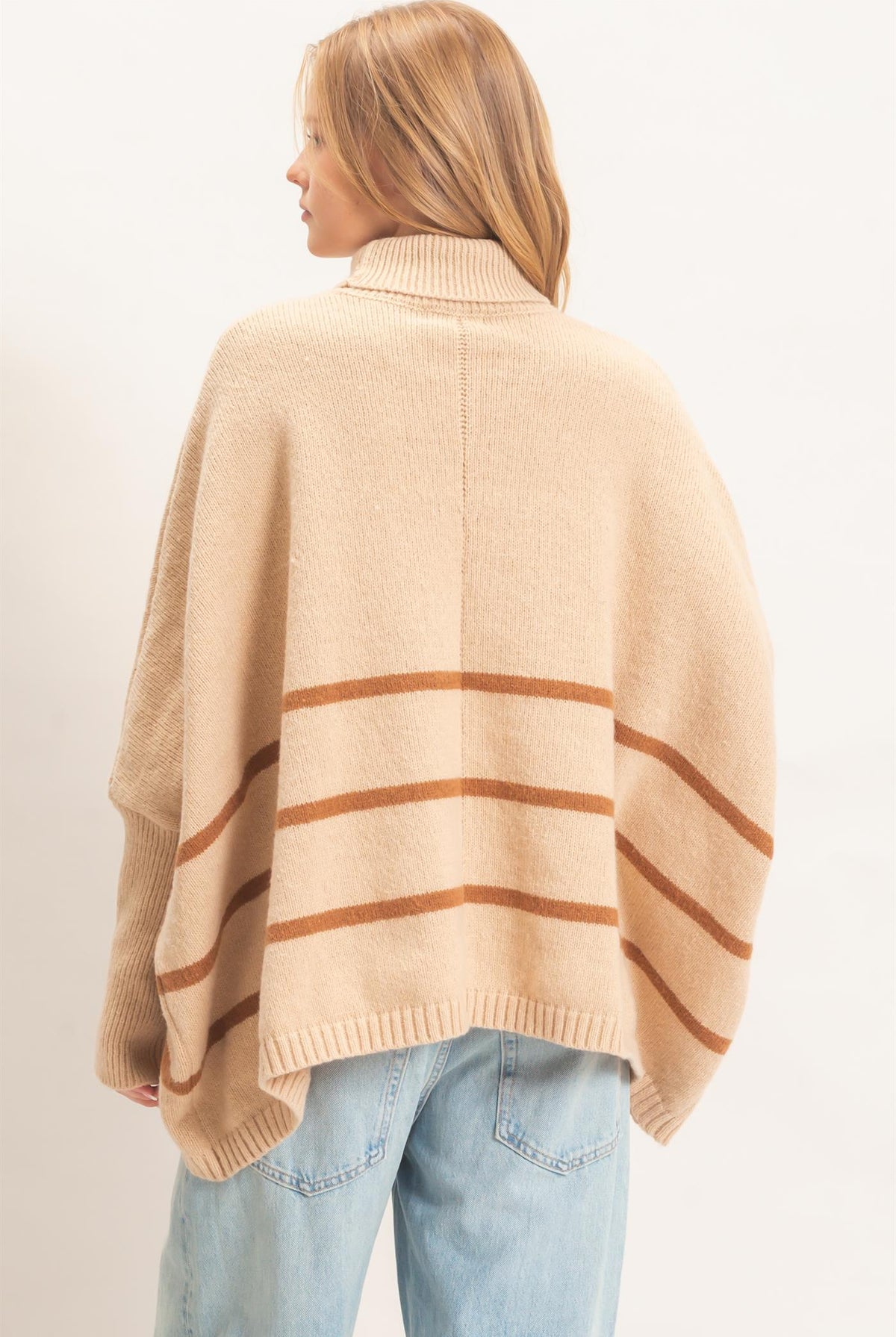 Wholesale Striped Turtleneck Poncho Sweater Sweaters HF26F194 L.TAUPE HYFVE