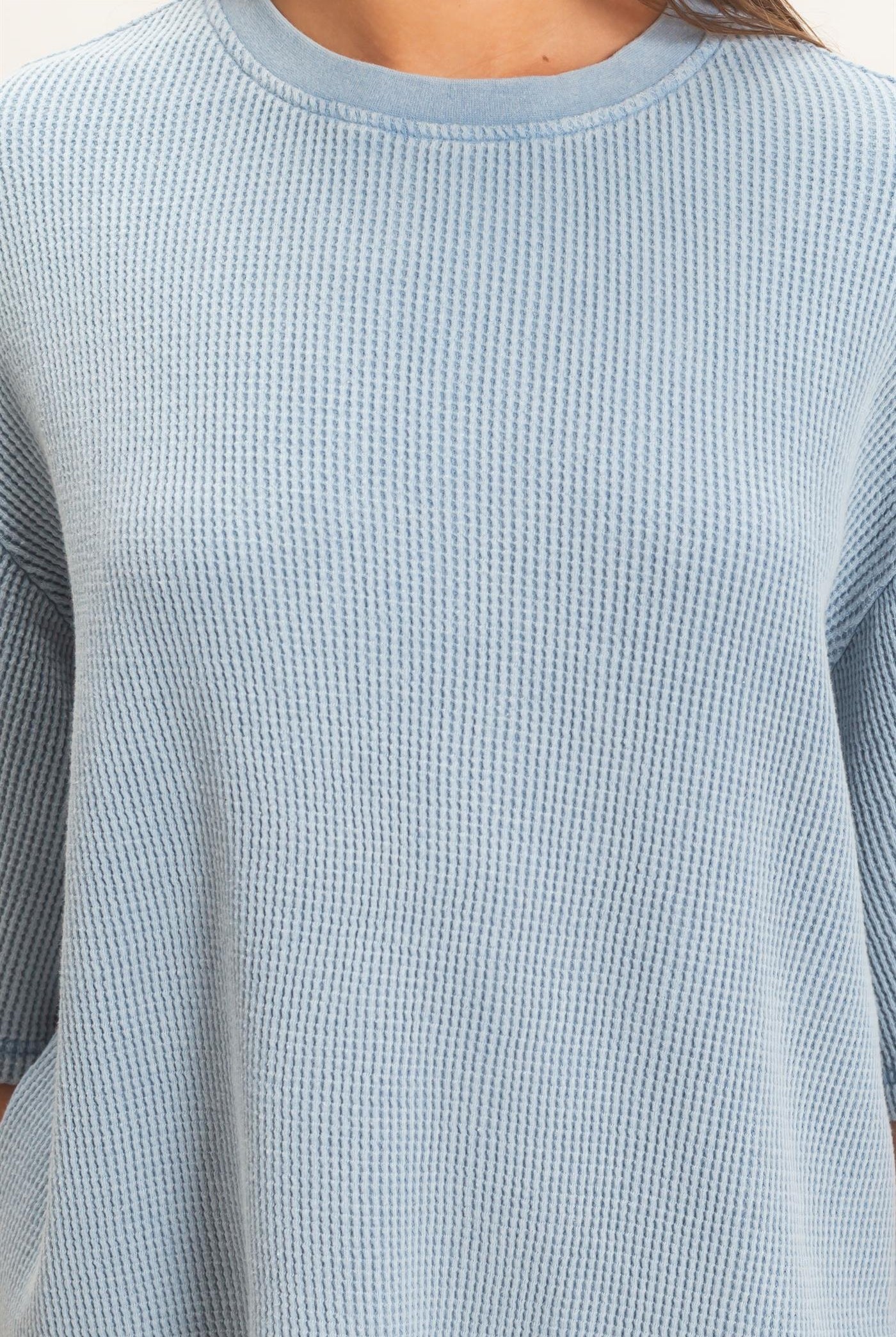 Wholesale Mineral Wash Waffle Crew Neck Short Sleeve Top Clothing Tops DZ26E328 DUSTY BLUE DOUBLE ZERO