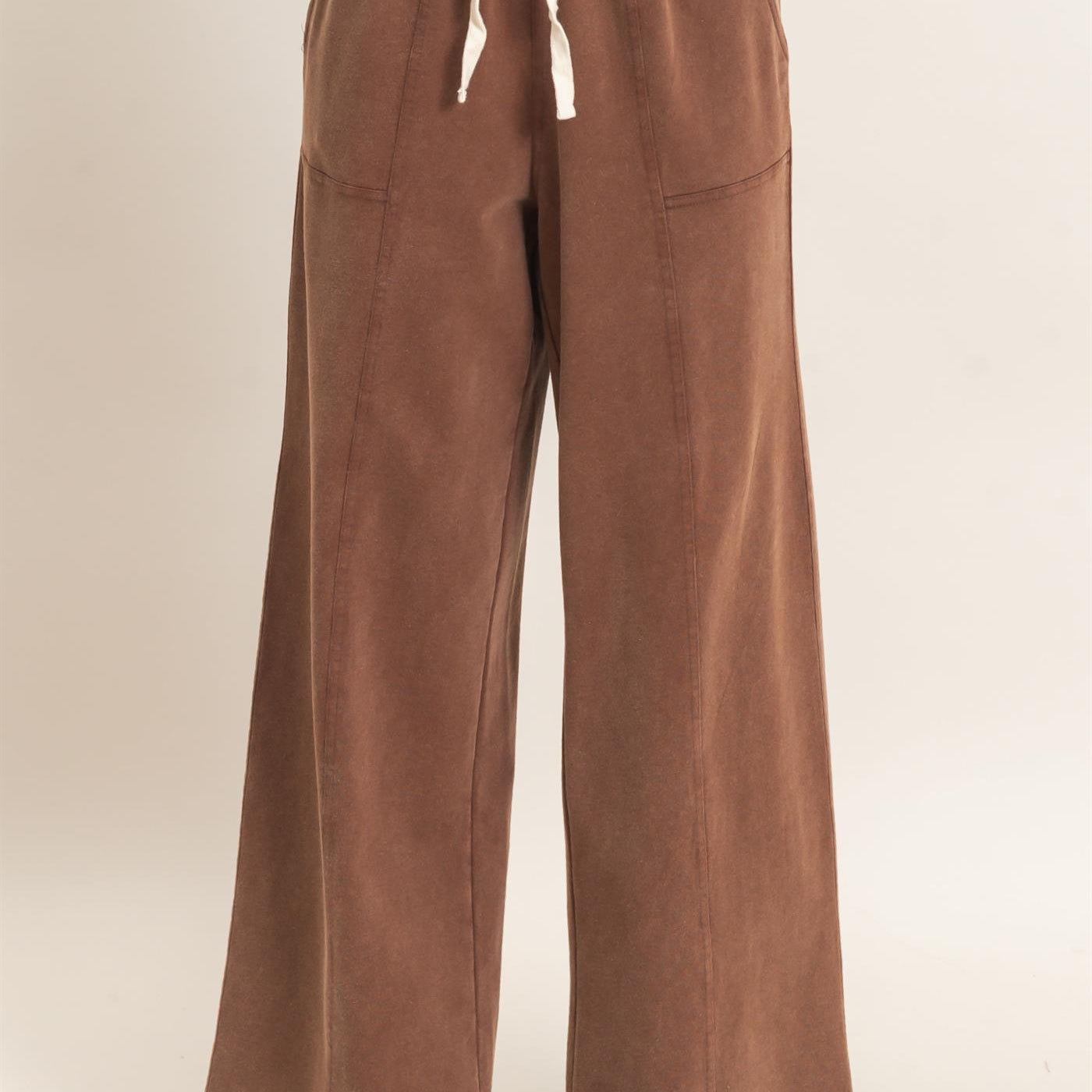 Wholesale Acid Wash Drawstring Waist Wide Leg Pants Pants DZ25A685 DARK BROWN DOUBLE ZERO