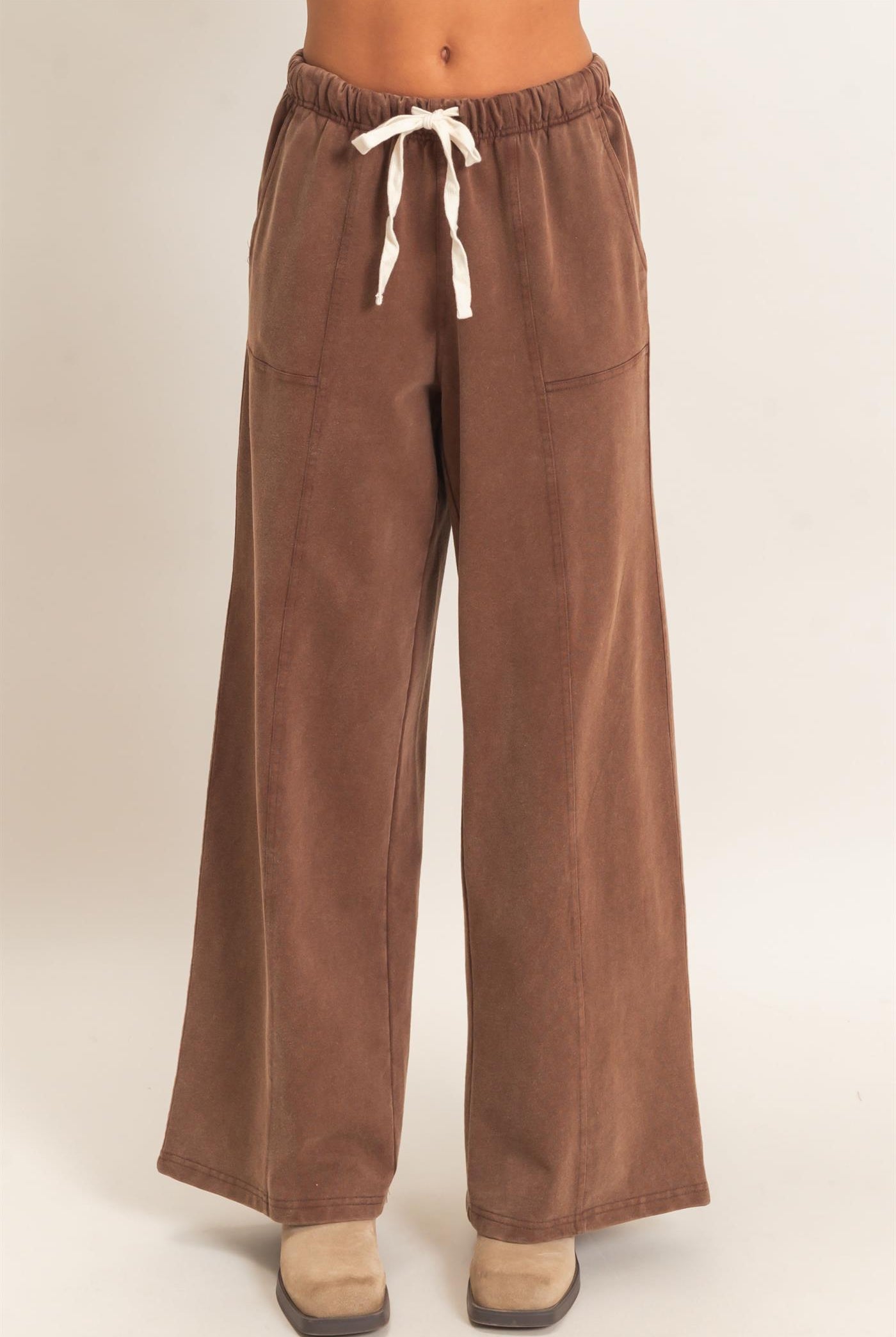 Wholesale Acid Wash Drawstring Waist Wide Leg Pants Pants DZ25A685 DARK BROWN DOUBLE ZERO
