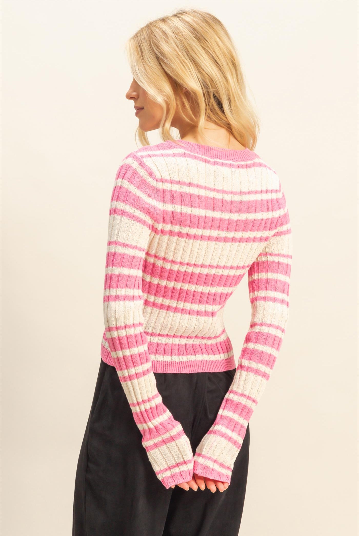Wholesale Horizontal Striped Crew Neck Sweater Clothing Tops HF25E811 PINK HYFVE