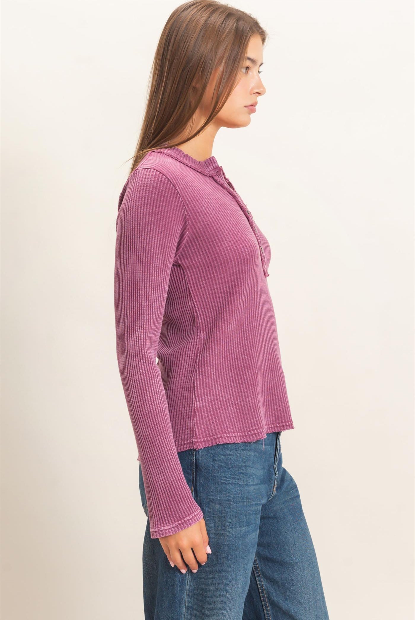 Wholesale Mineral Wash Waffle Henley Long Sleeve Top Clothing Tops DZ26E243 DARK CHERRY DOUBLE ZERO