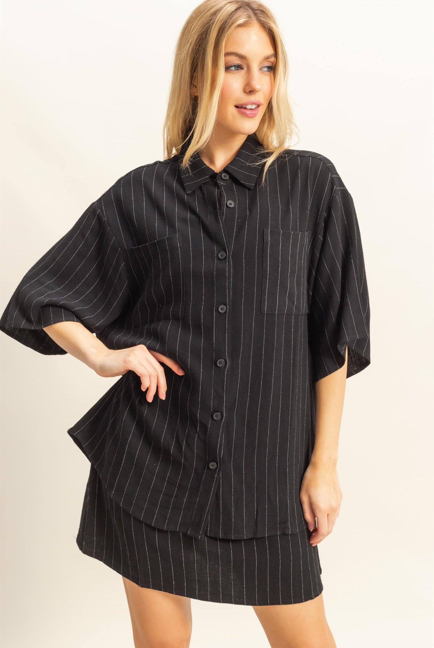 Wholesale Stripe Shirt And Dress Set Clothing HF25E086-SET BLACK HYFVE