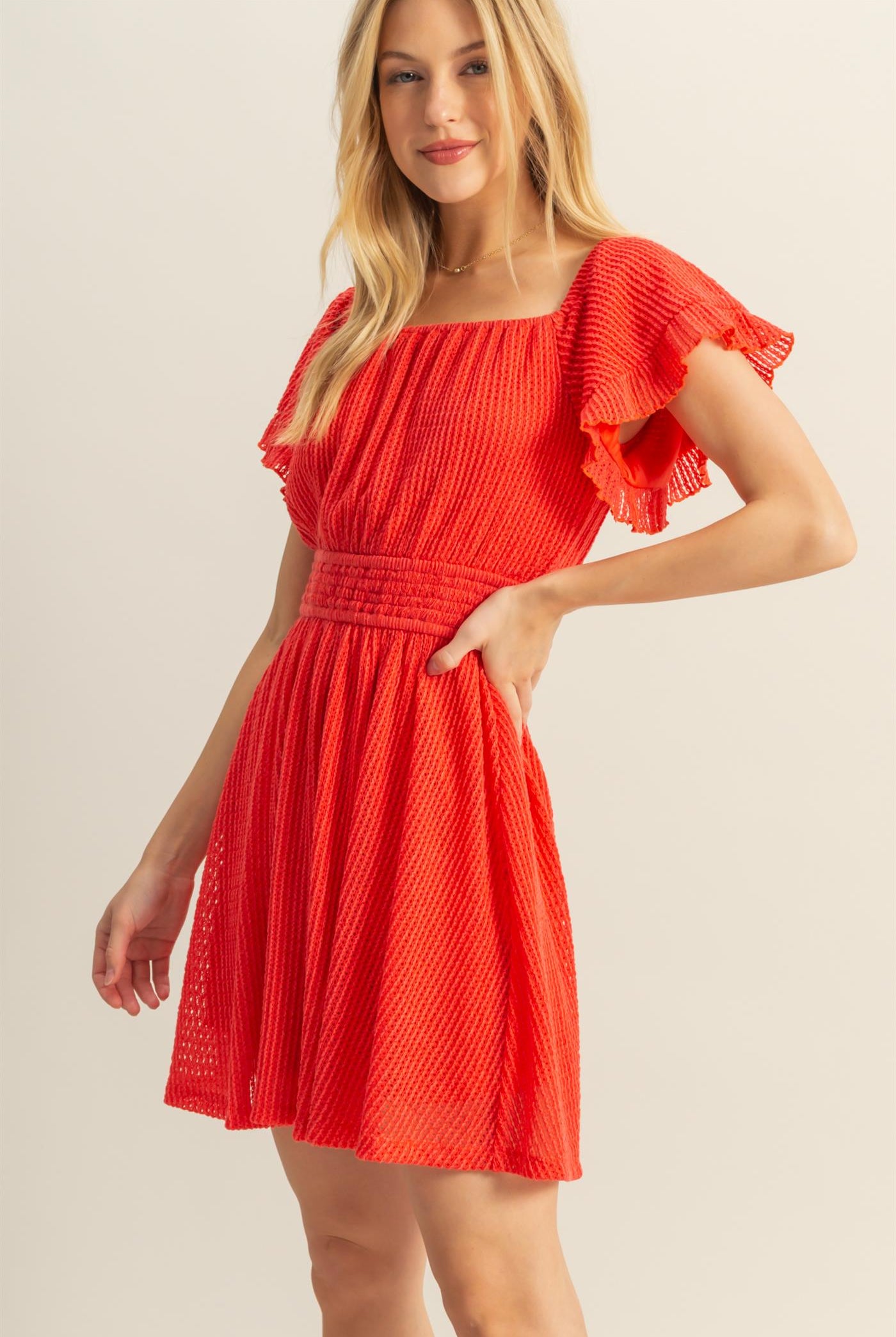 Wholesale Crochet Off-The-Shoulder Mini Dress Dresses HF25E125 CORAL HYFVE