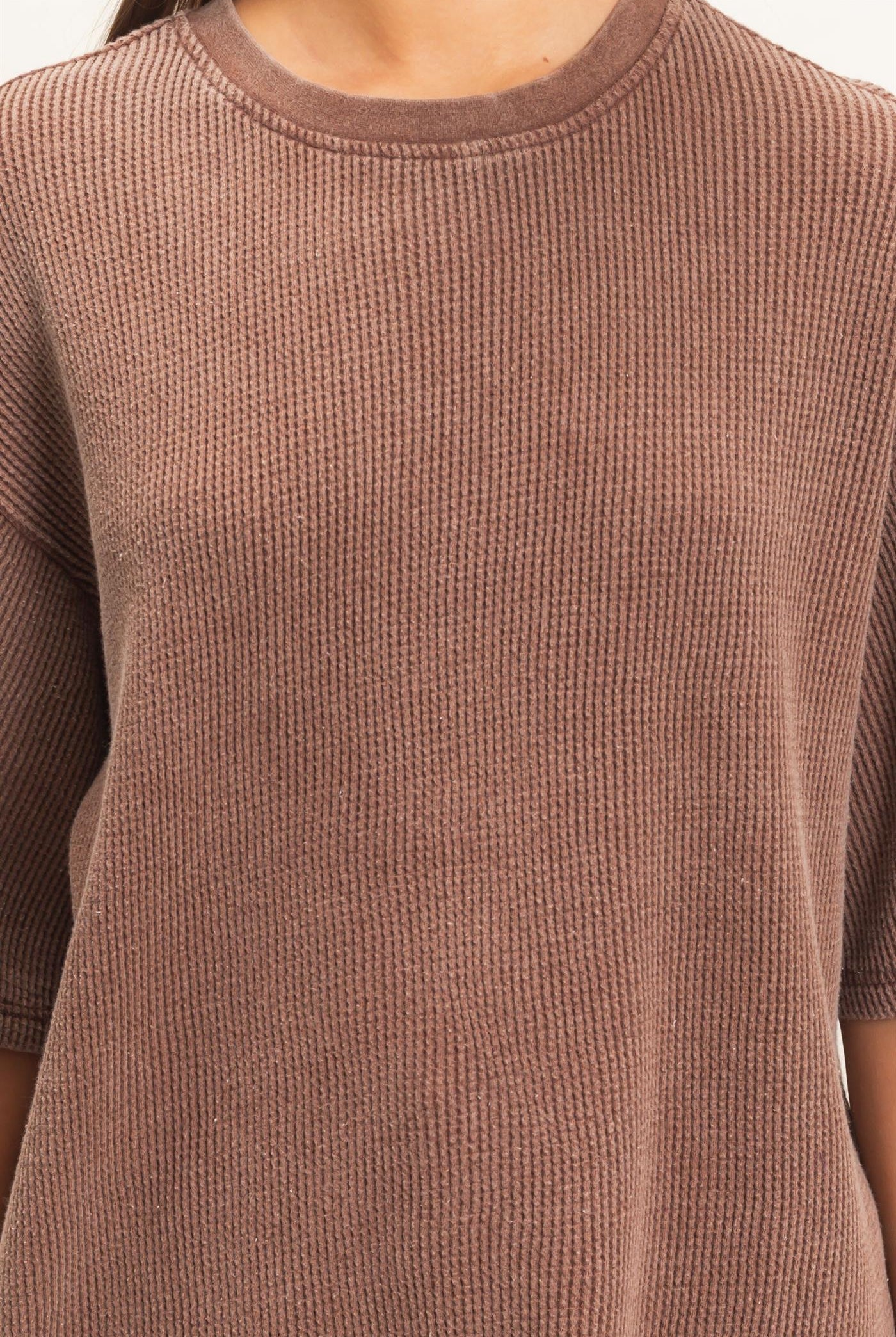 Wholesale Mineral Wash Waffle Crew Neck Short Sleeve Top Clothing Tops DZ26E328 DARK BROWN DOUBLE ZERO