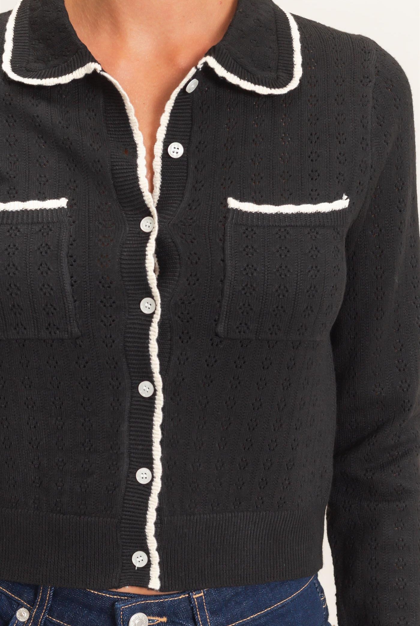 Wholesale Collared Pointelle Knit Cardigan Sweaters DZ26E101 BLACK DOUBLE ZERO