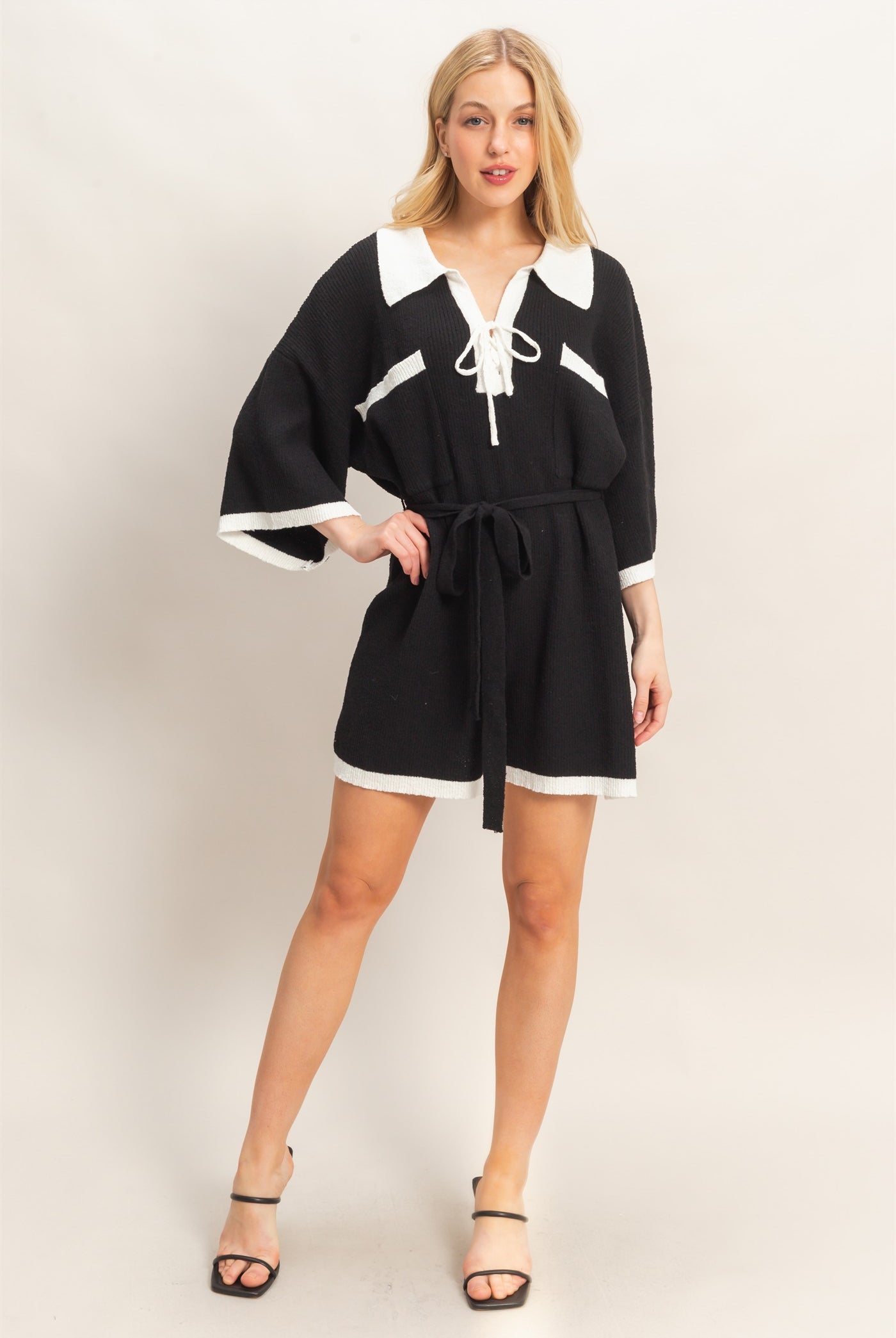 Wholesale Knit Romper With Contrast Tie Clothing HF26A408 BLACK HYFVE