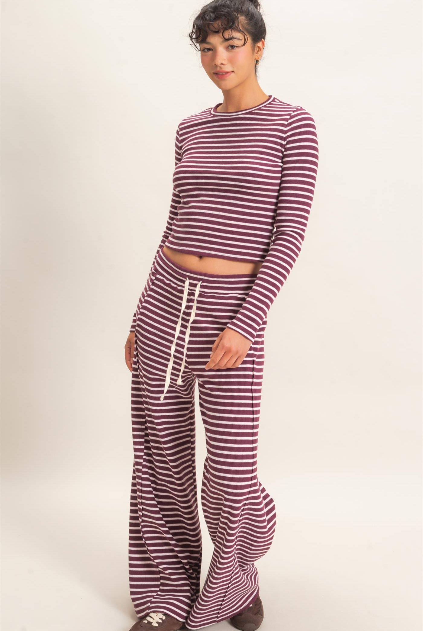 Wholesale Striped Waffle Long Sleeve Top & Pants Set Clothing DZ25F479-SET DARK CHERRY DOUBLE ZERO