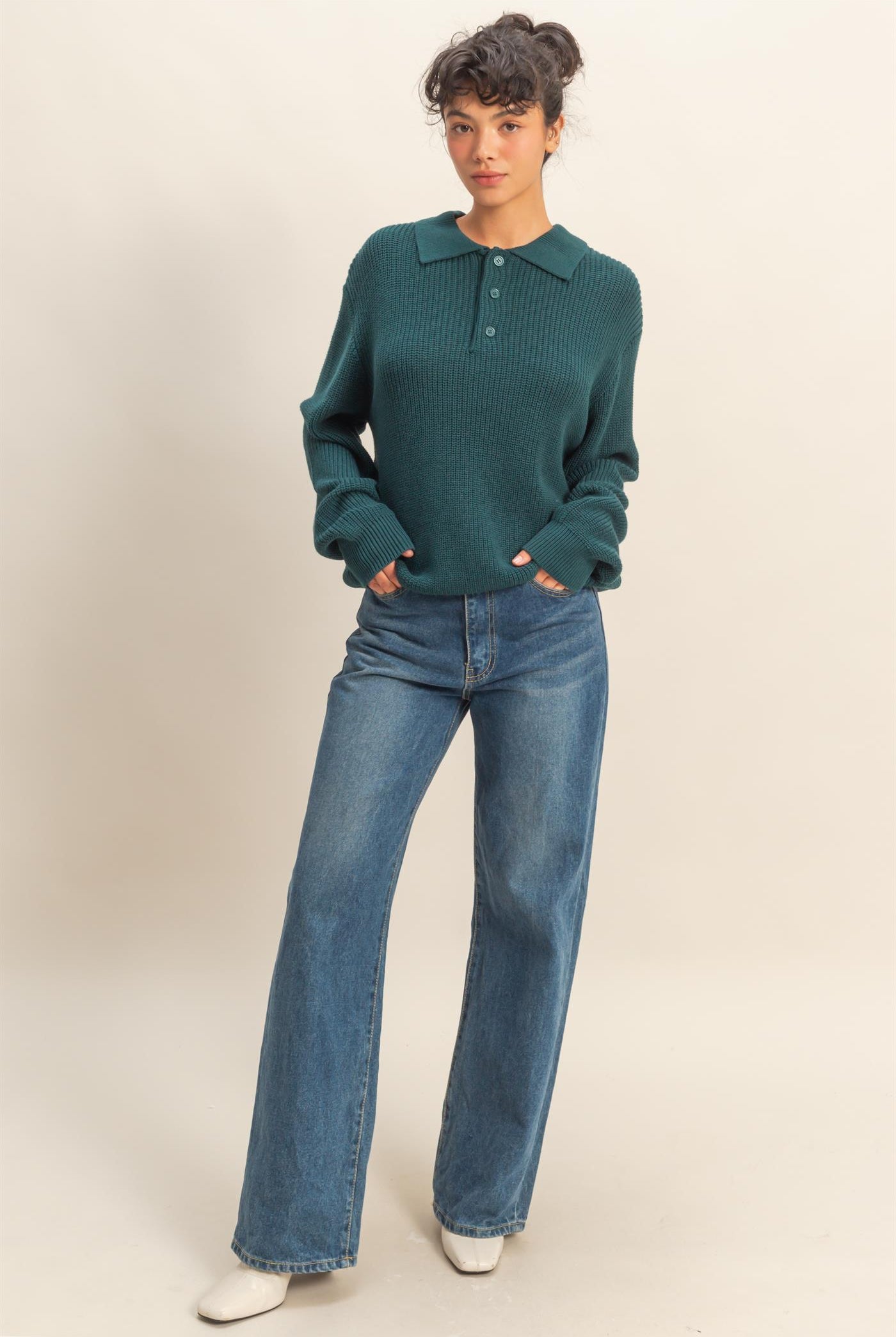 Wholesale Oversized Collar Sweater Sweaters DZ25E823 DEEP GREEN DOUBLE ZERO