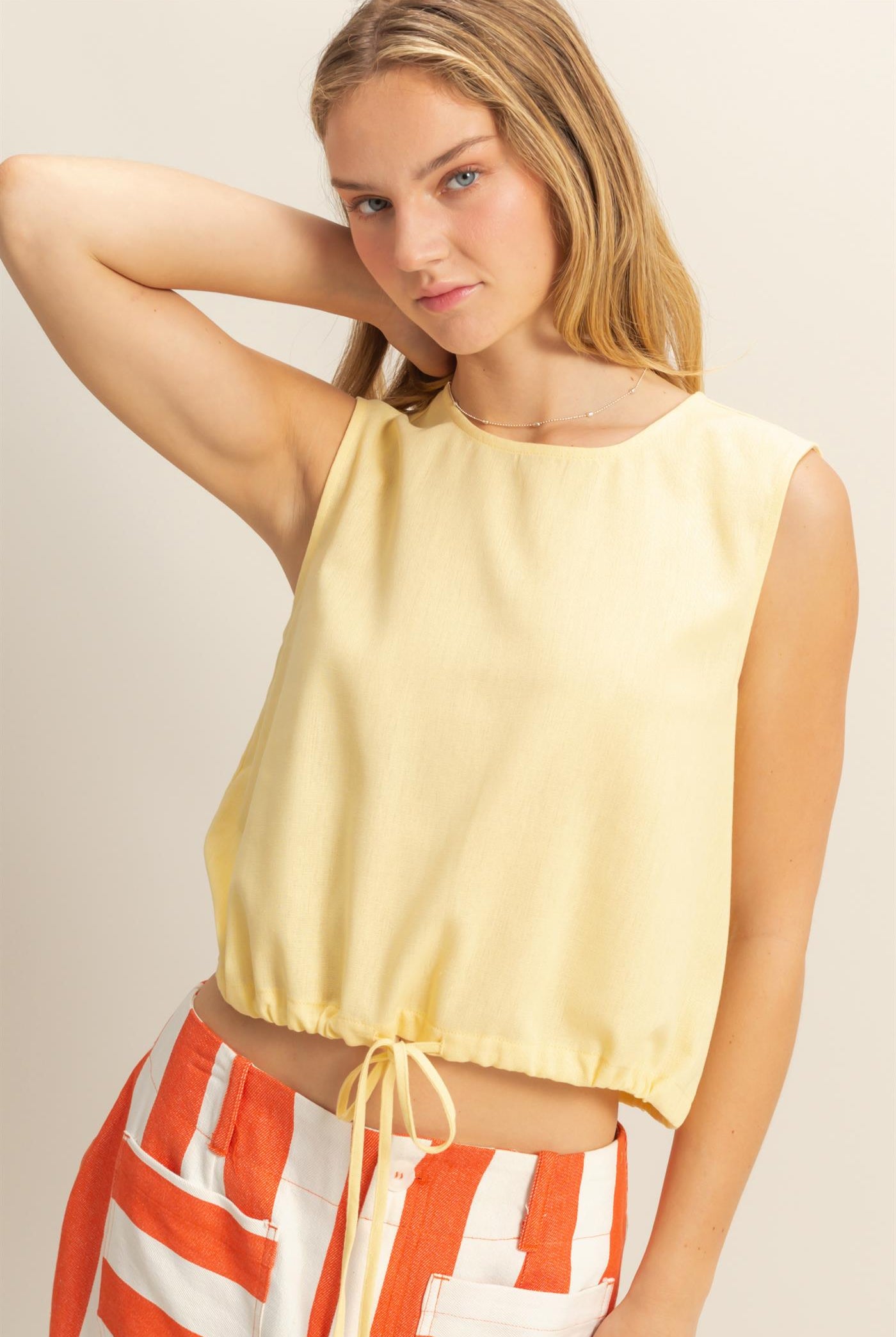Wholesale Sand Washed Sleeveless Crop Top Clothing Tops DZ25C515 CREAMY YELLOW DOUBLE ZERO