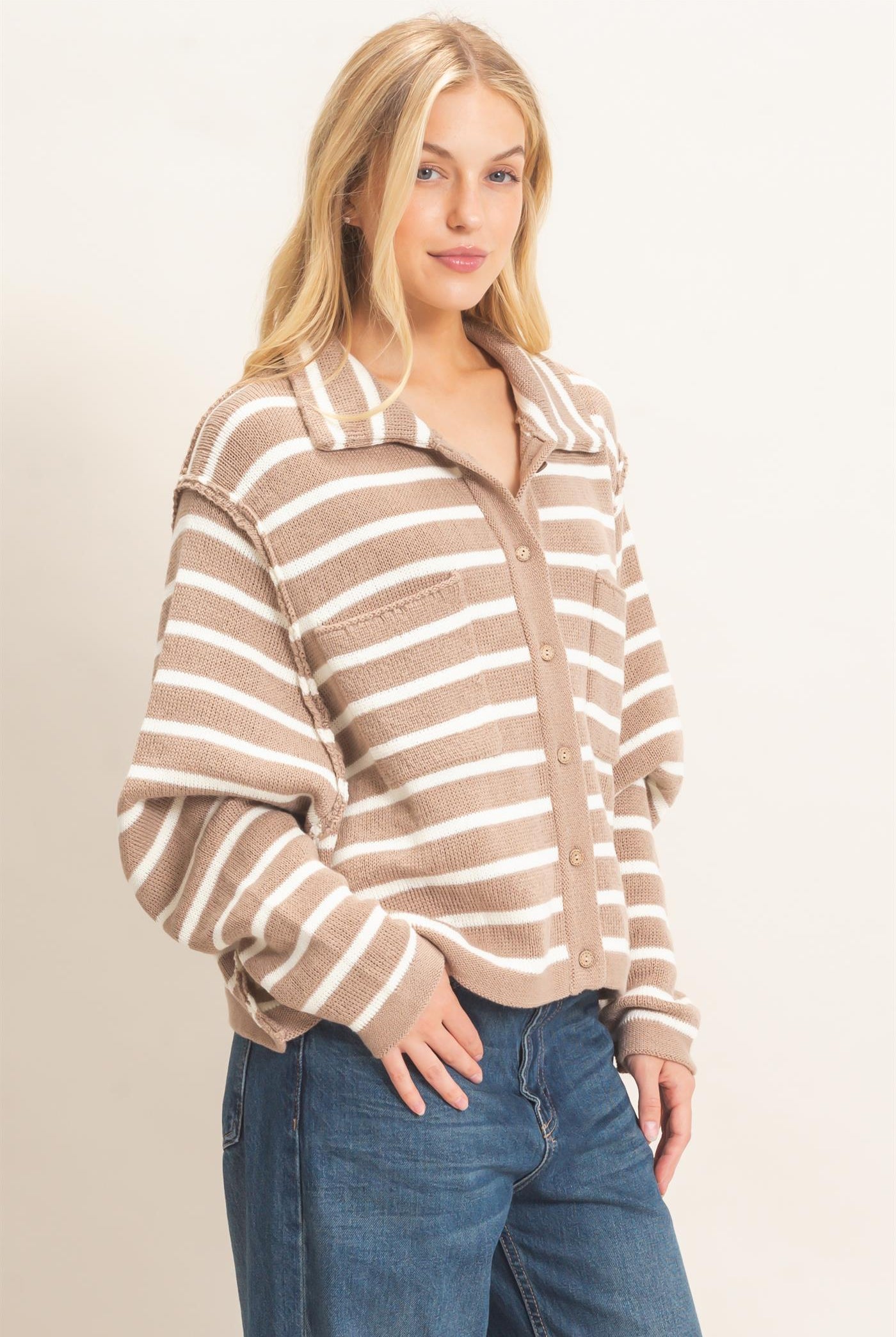 Wholesale Striped Button Front Cardigan Sweaters HF26F197 TAUPE HYFVE
