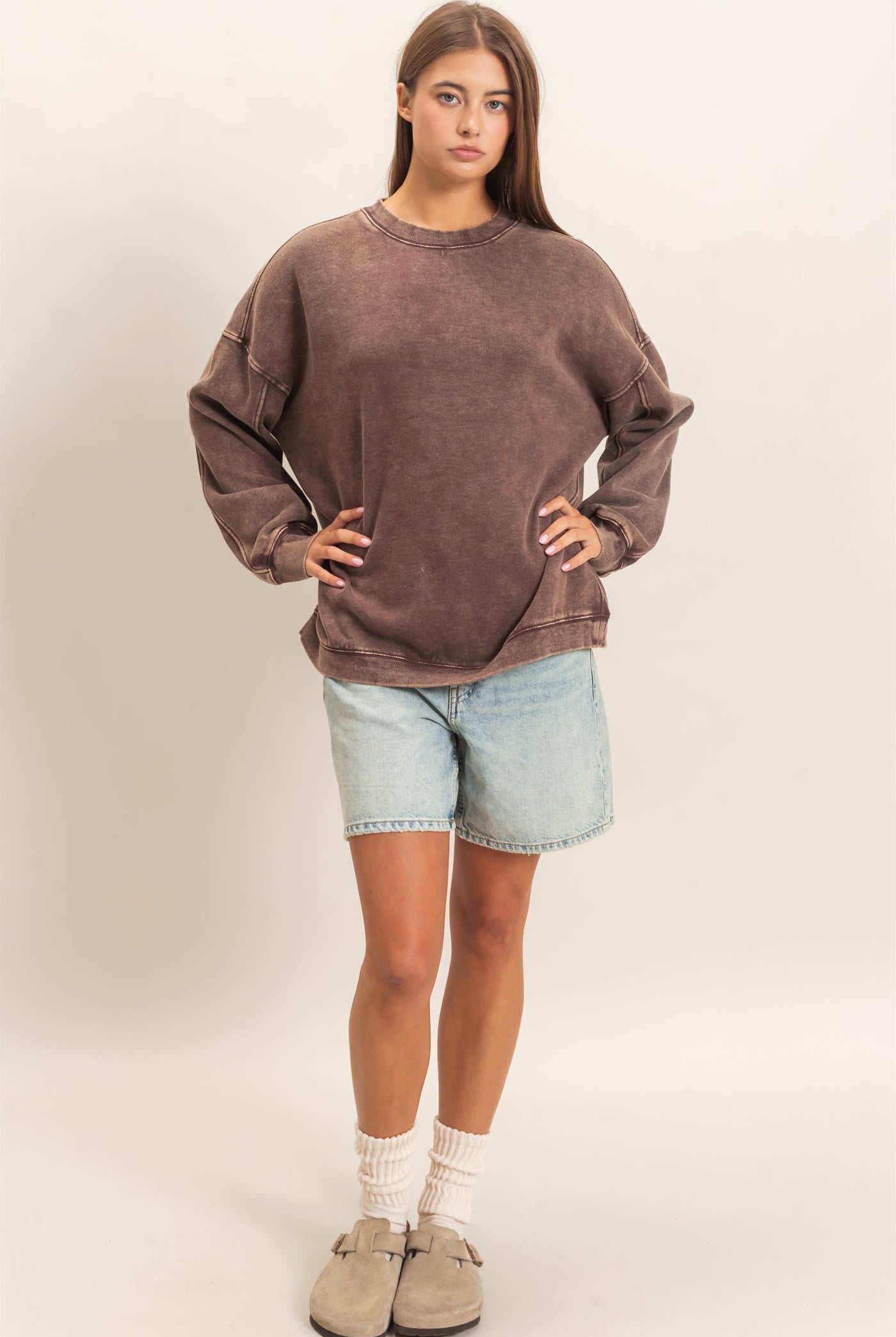 Wholesale Acid Wash Crew Neck Long Sleeve Sweatshirt Sweatshirts DZ26E268 DARK BROWN DOUBLE ZERO