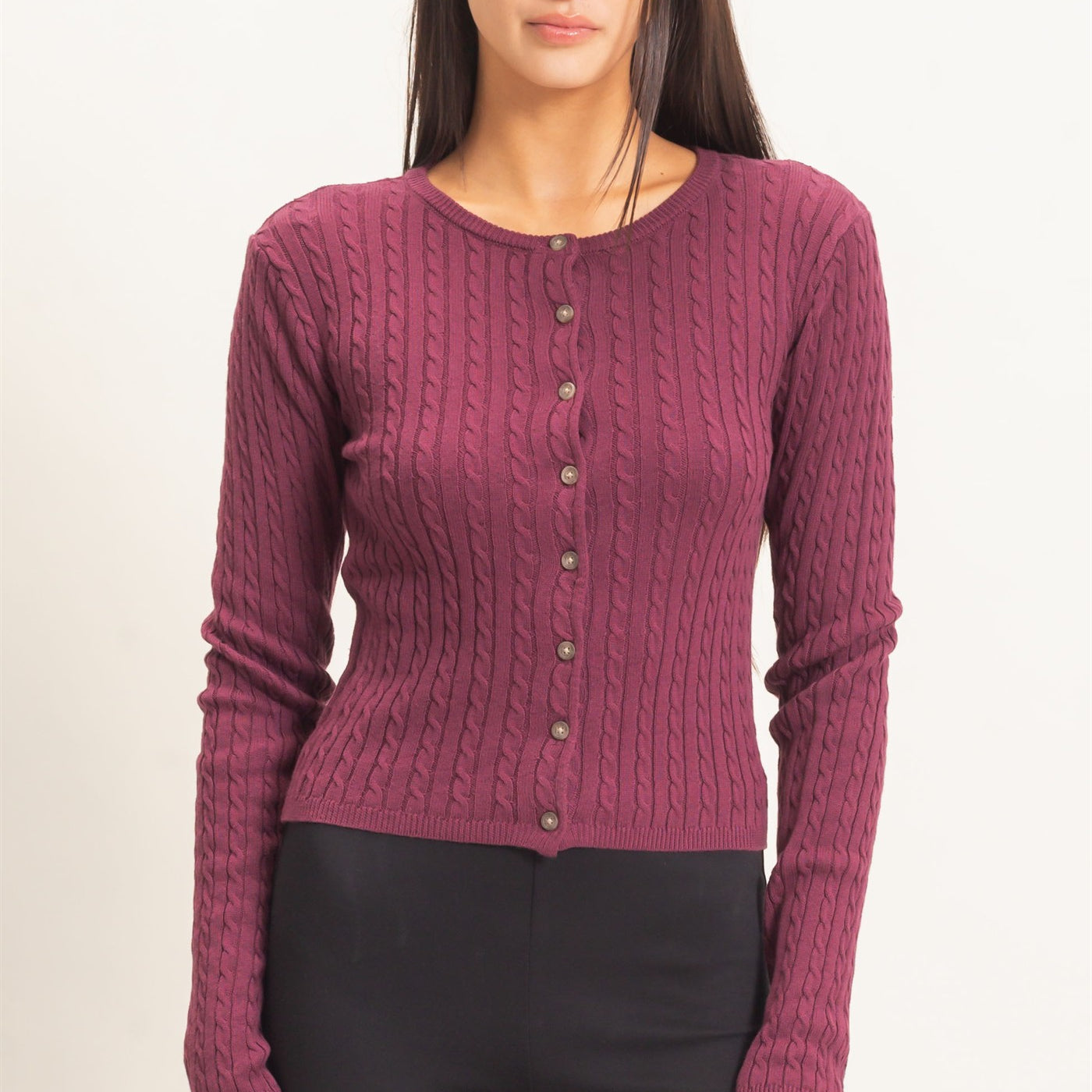 Wholesale Cable Knit Cardigan Cardigans DZ26E256 DARK CHERRY DOUBLE ZERO