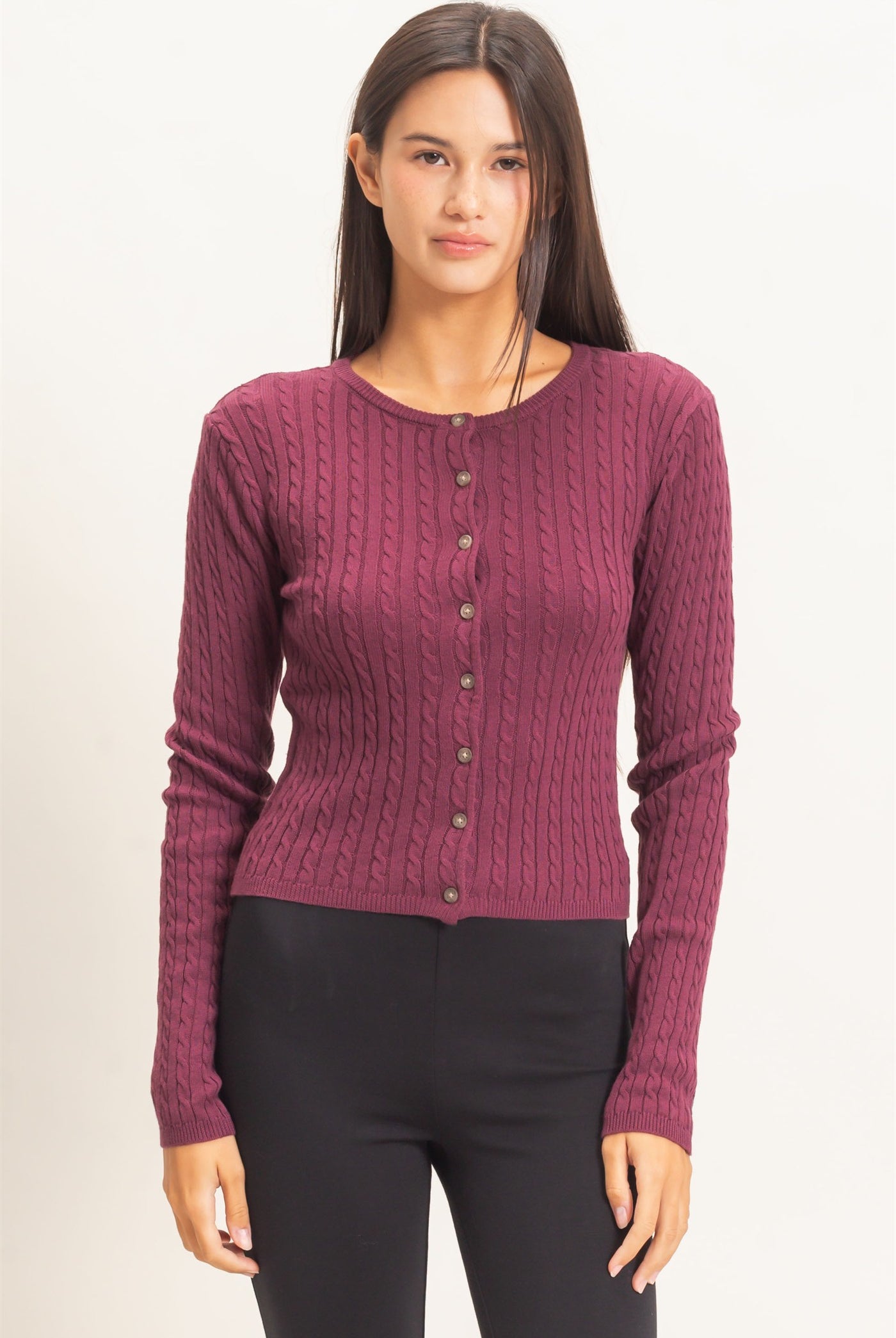 Wholesale Cable Knit Cardigan Cardigans DZ26E256 DARK CHERRY DOUBLE ZERO