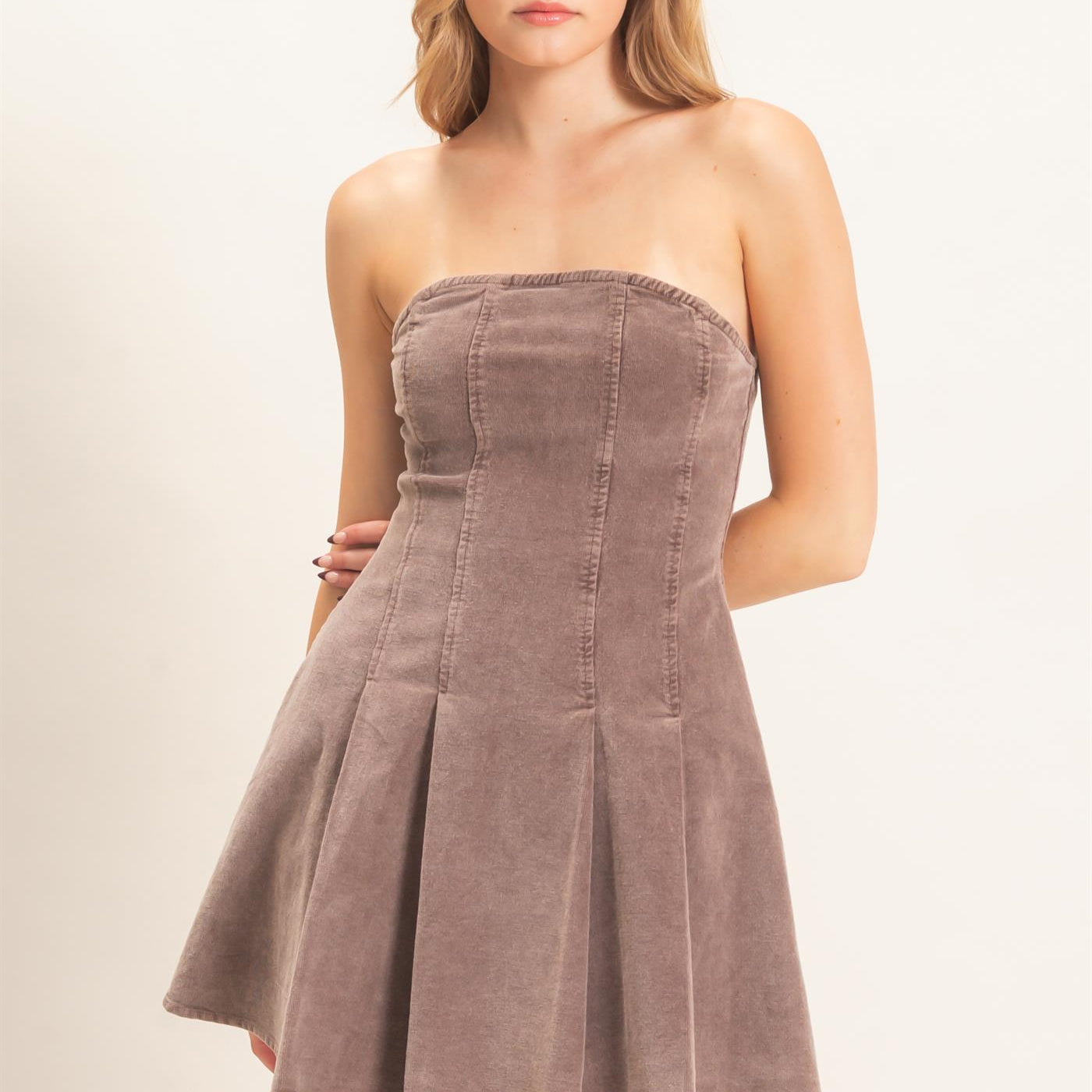Wholesale Strapless Mineral Wash Dress Dresses HF26F215 BROWN HYFVE