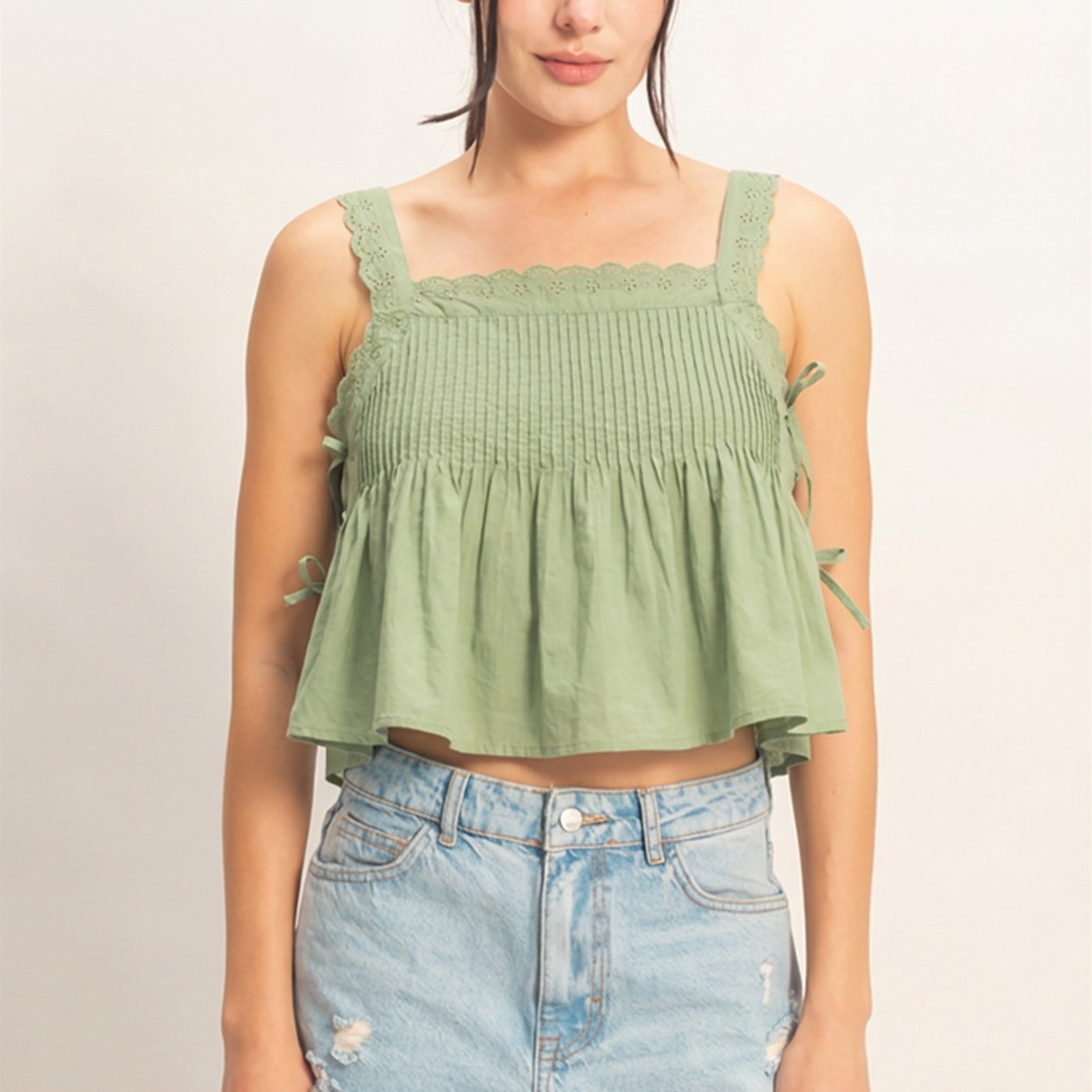 Wholesale Pleated Lace Trim Tank Tank Tops HF26C271 LIGHT OLIVE HYFVE