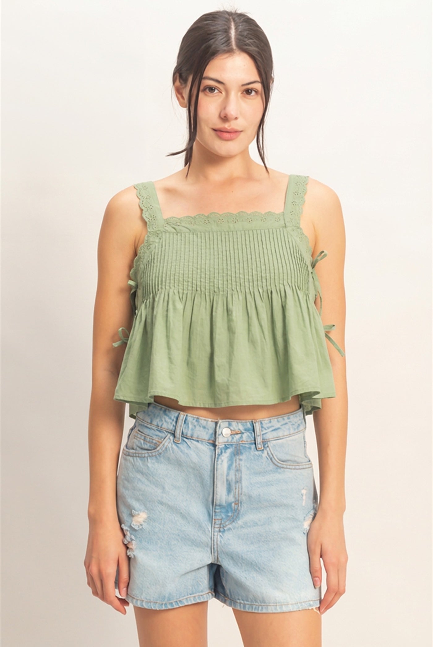 Wholesale Pleated Lace Trim Tank Tank Tops HF26C271 LIGHT OLIVE HYFVE