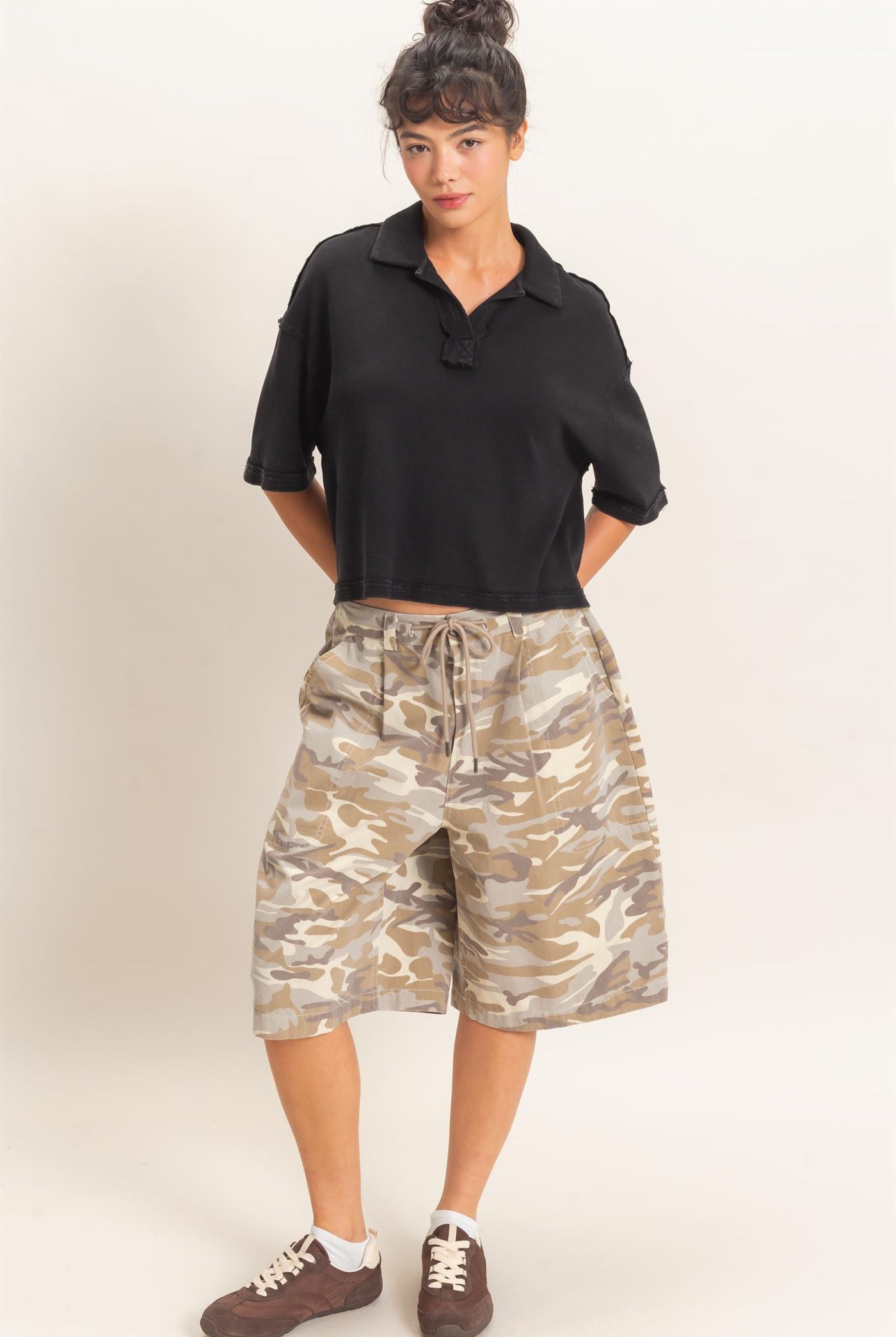 Wholesale Mineral Wash Oversized Collar Short Sleeve Top Clothing Tops DZ26E813 BLACK DOUBLE ZERO