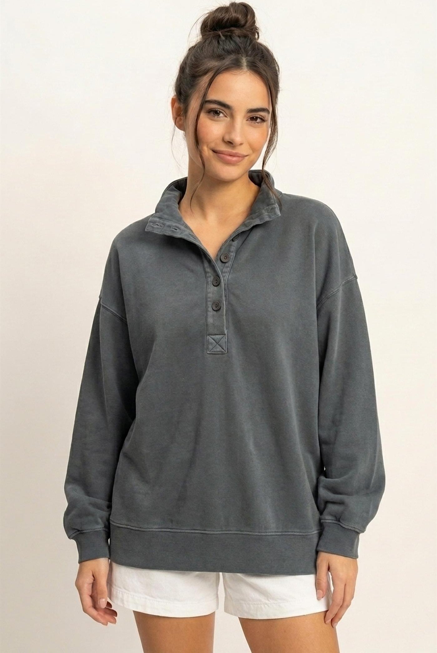 Wholesale Mineral Wash Button Front Sweatshirt Sweatshirts DZ26C909 DARK GRAY DOUBLE ZERO