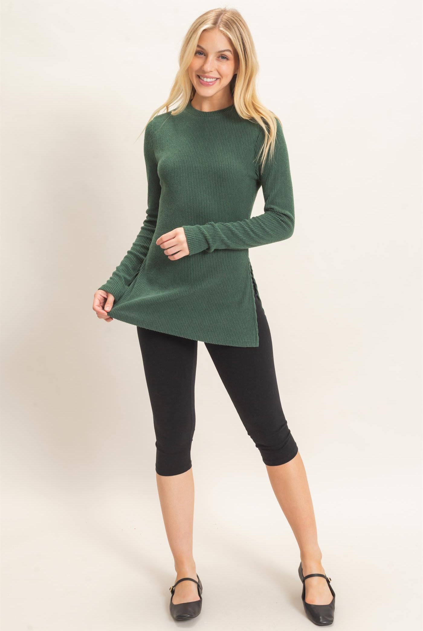 Wholesale Ribbed Crew Neck Sweater Clothing Tops HF26F034 GREEN HYFVE