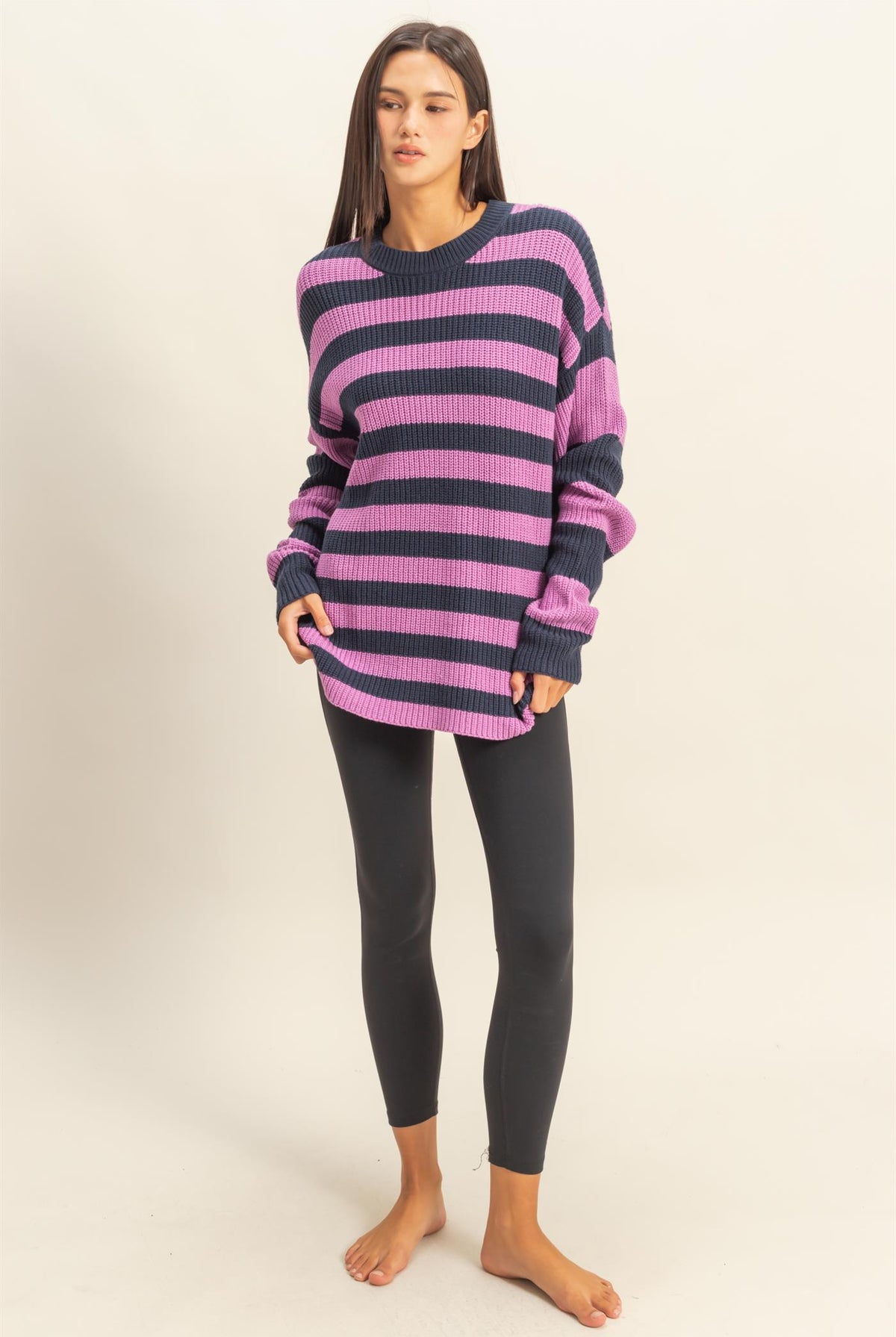Wholesale Striped Long Sleeve Sweater Clothing Tops DZ23F071 NAVY / PURPLE DOUBLE ZERO