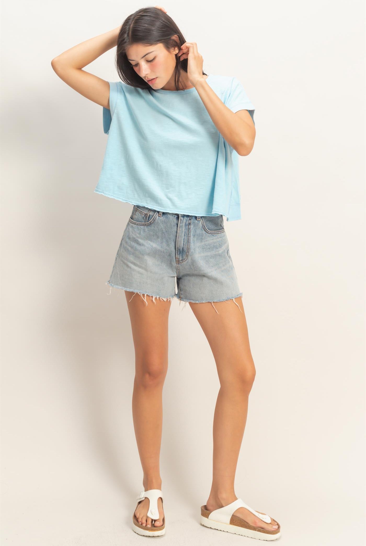 Wholesale Acid Wahsed Cross Detail Open Back Top Clothing Tops DZ26A225 BLUE DOUBLE ZERO