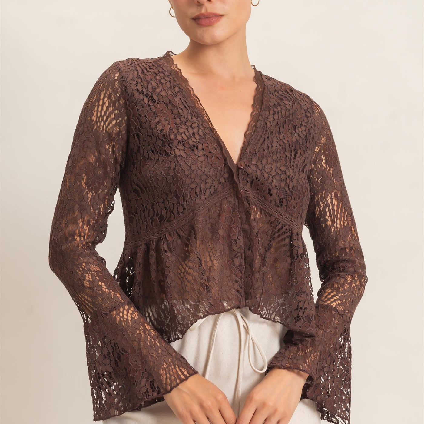 Wholesale Lace V-Neck Peplum Top Clothing Tops HF26E560 BROWN HYFVE