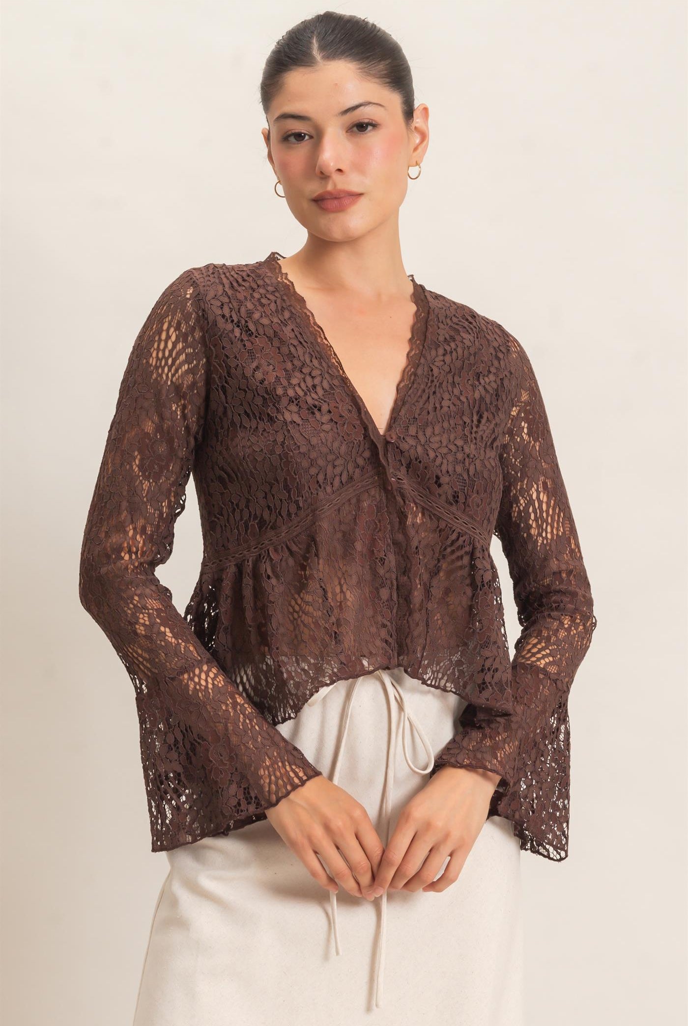 Wholesale Lace V-Neck Peplum Top Clothing Tops HF26E560 BROWN HYFVE