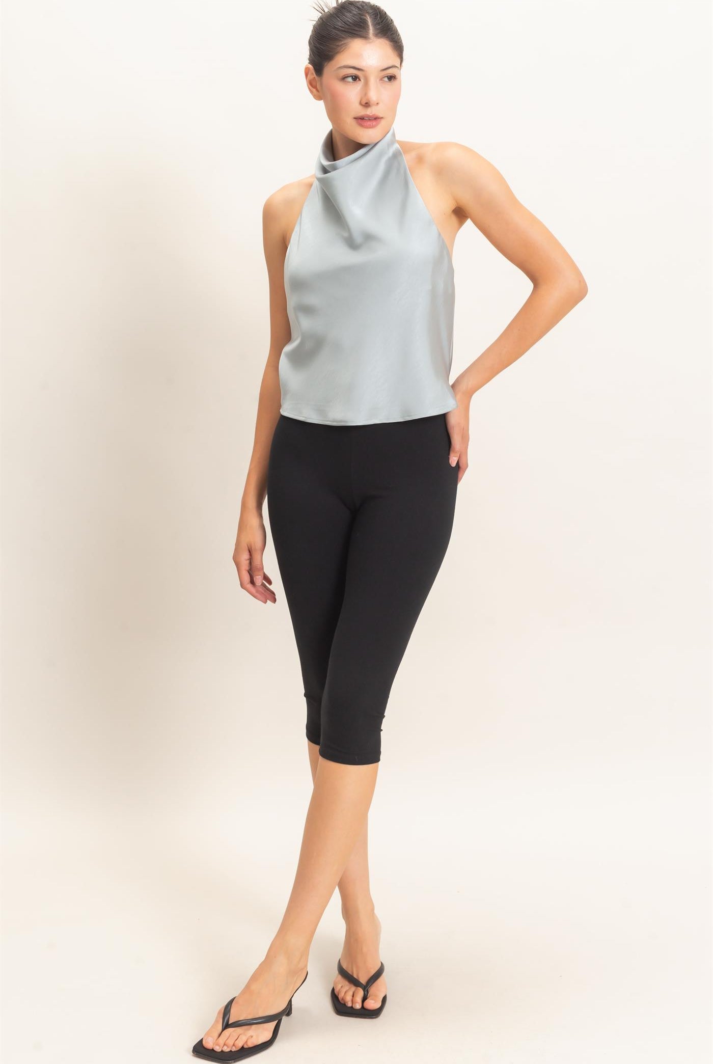 Wholesale Draped Halter Satin Top Blouses HF26E632 MISTY BLUE HYFVE