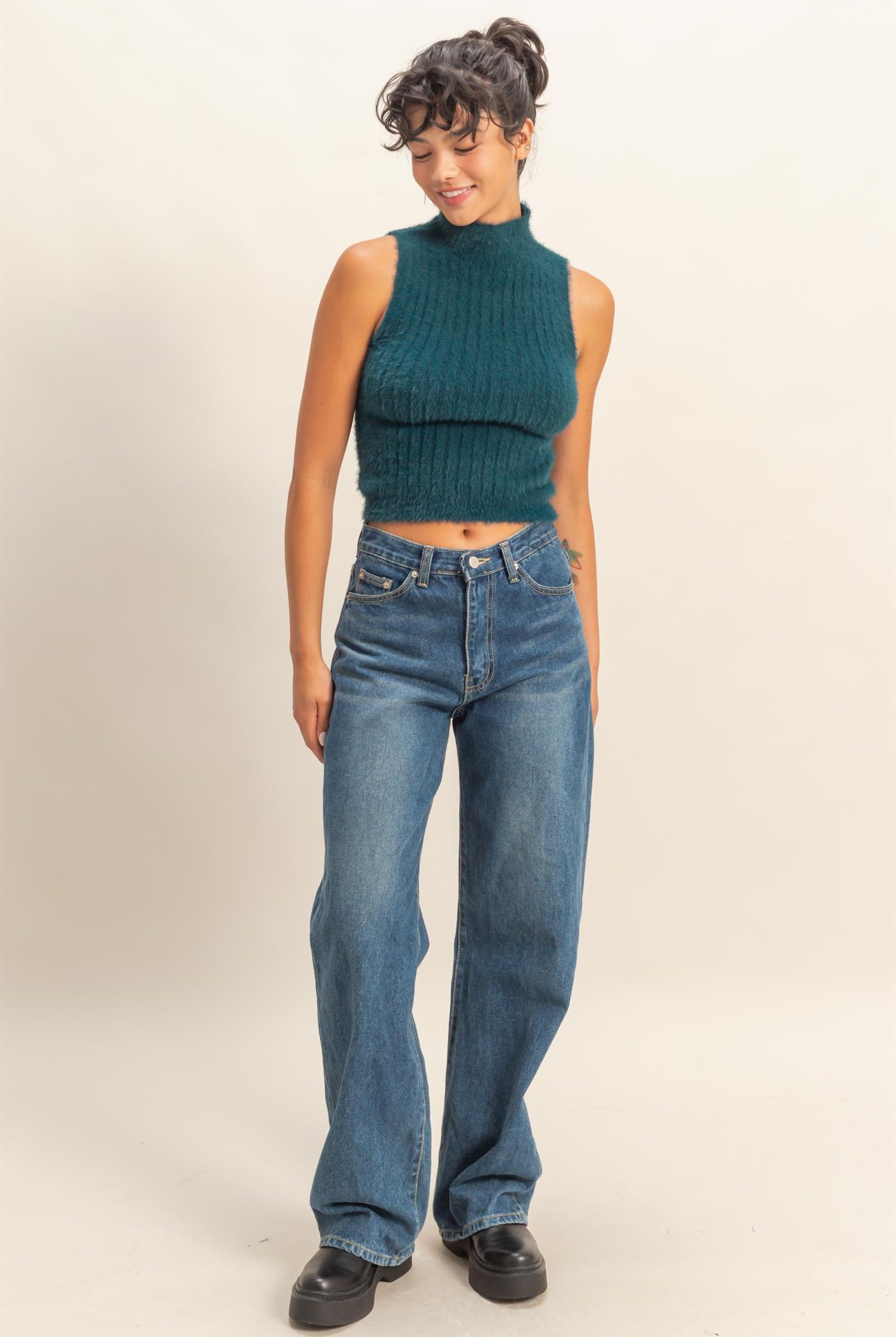 Wholesale Ribbed Sleeveless High Neck Knit Top Clothing Tops DZ25F113 DEEP GREEN HYFVE