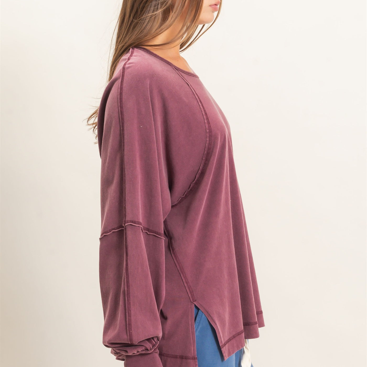 Wholesale Raglan Sleeve Snow Wash Top Shirts DZ26E945 DARK CHERRY DOUBLE ZERO