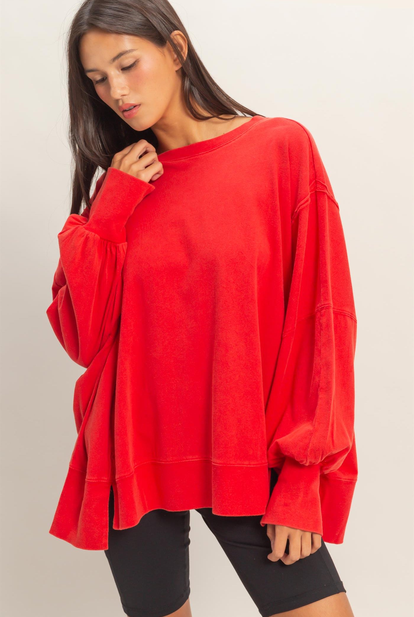 Wholesale Oversized Seam Detail Long Sleeve Top Sweatshirts DZ26C774 RED DOUBLE ZERO
