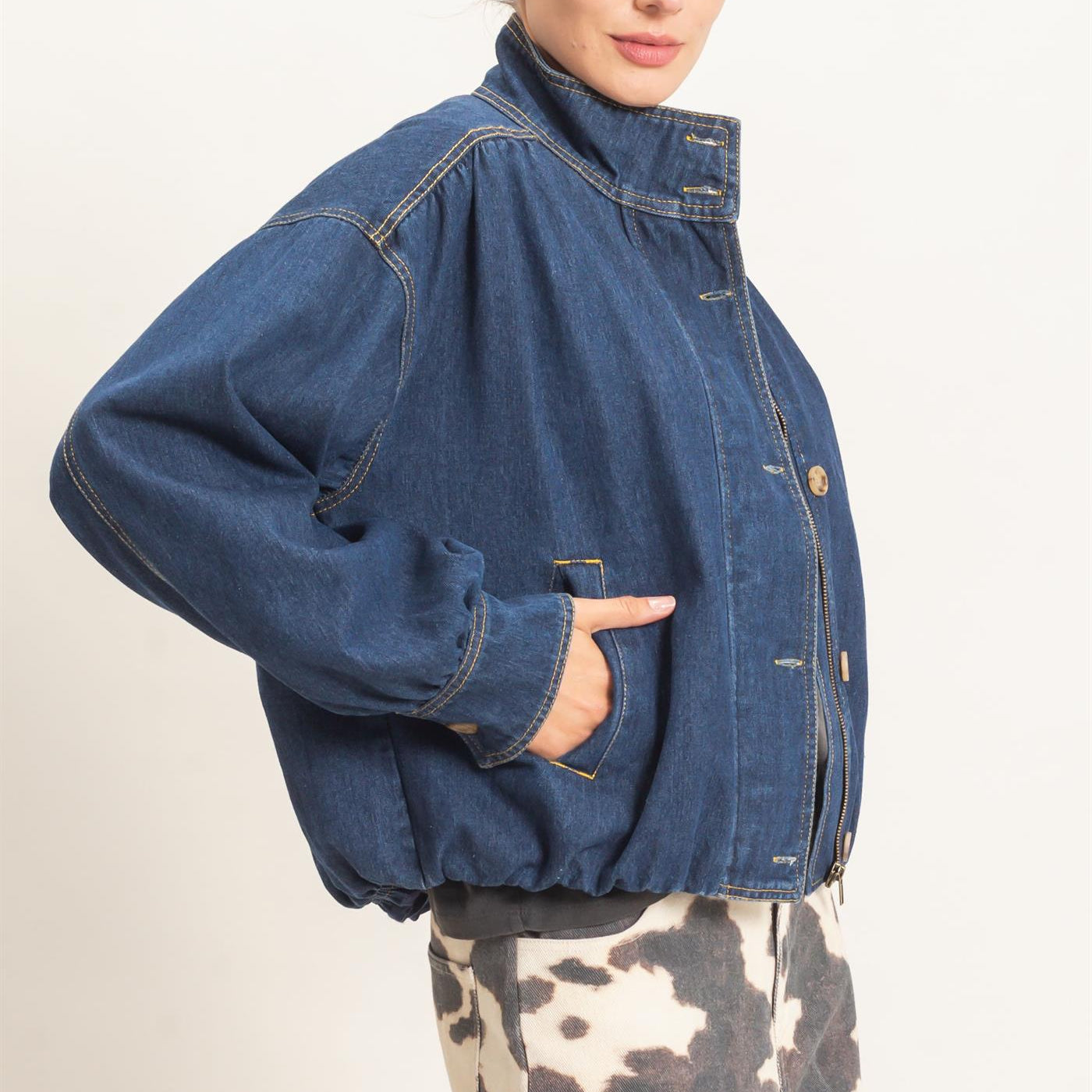 Wholesale High Collar Denim Bomber Jacket Coats & Jackets HF26E090-D DARK DENIM HYFVE