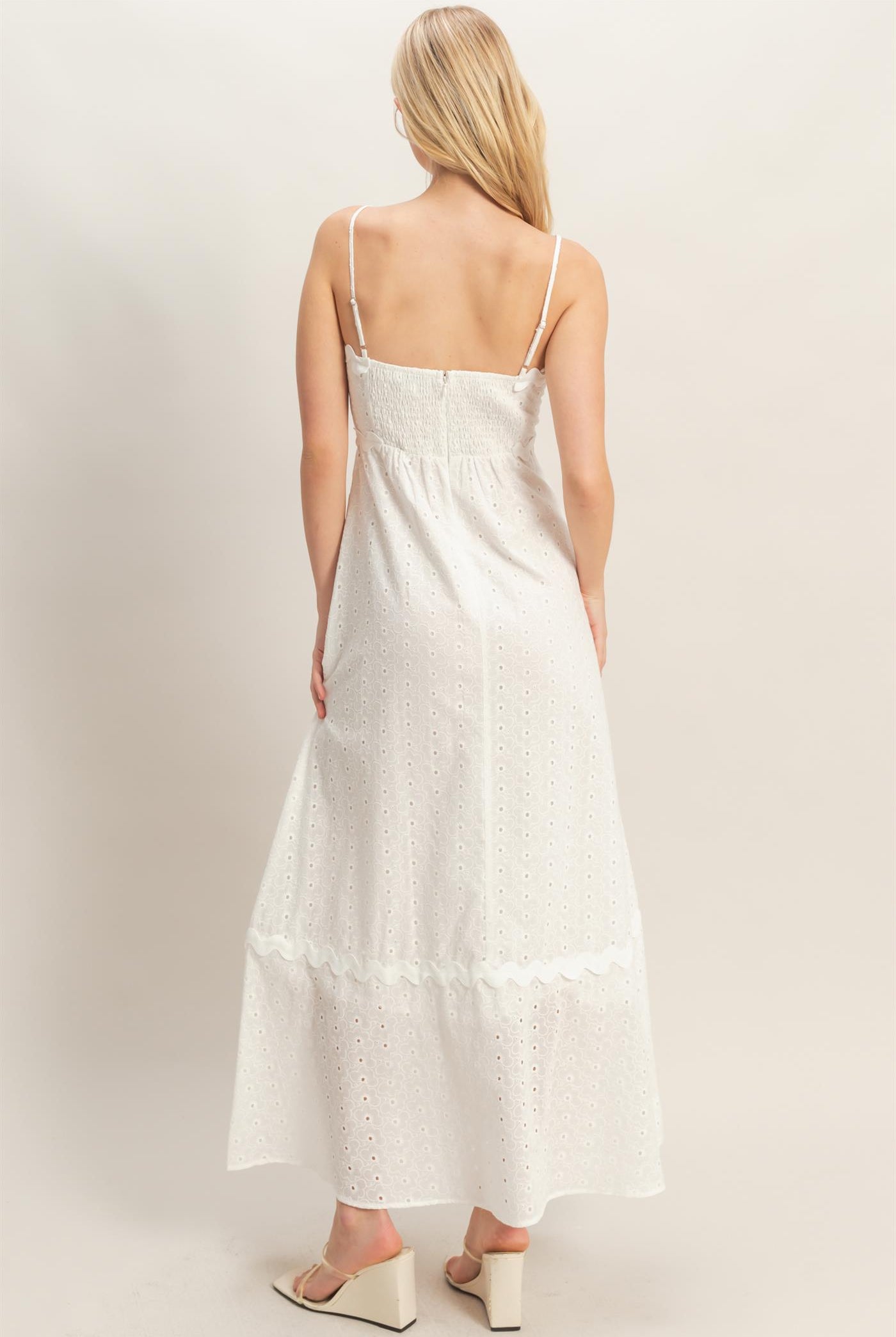 Wholesale Scallop Trim Eyelet Midi Dress Dresses HF26A694 WHITE HYFVE