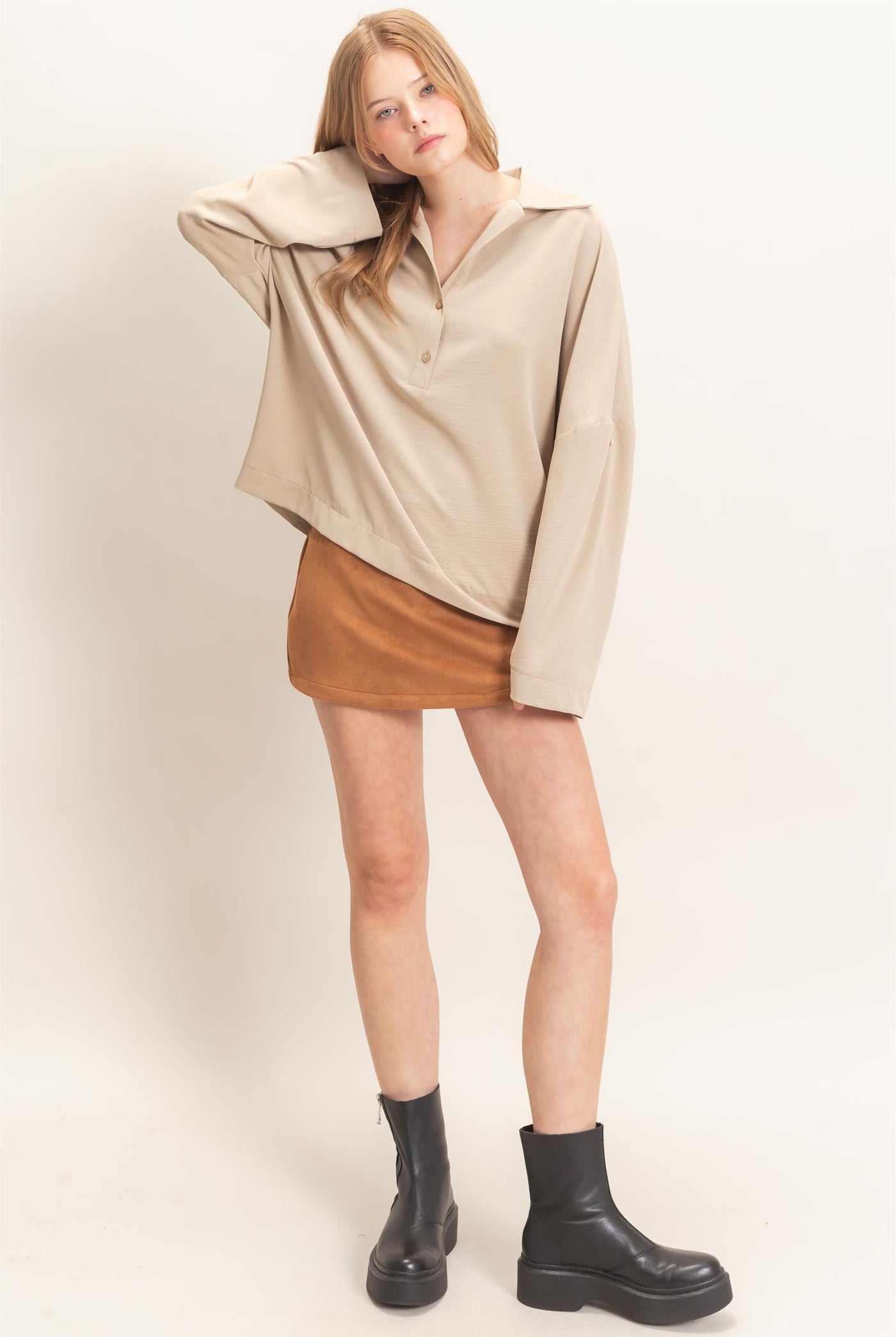 Wholesale Buttoned Collar Split Sleeve Top Clothing Tops HF26F071 BEIGE HYFVE