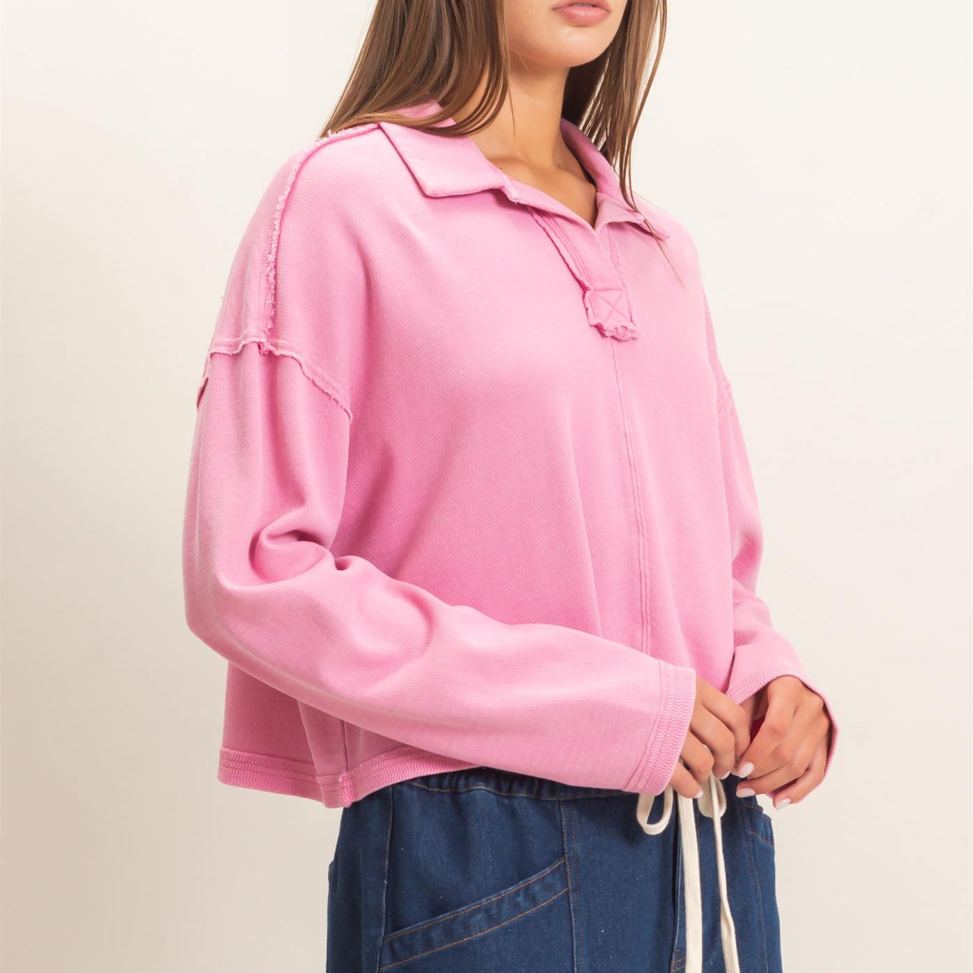 Wholesale Mineral Wash Textured Collar Top Polos DZ26E814 PINK DOUBLE ZERO