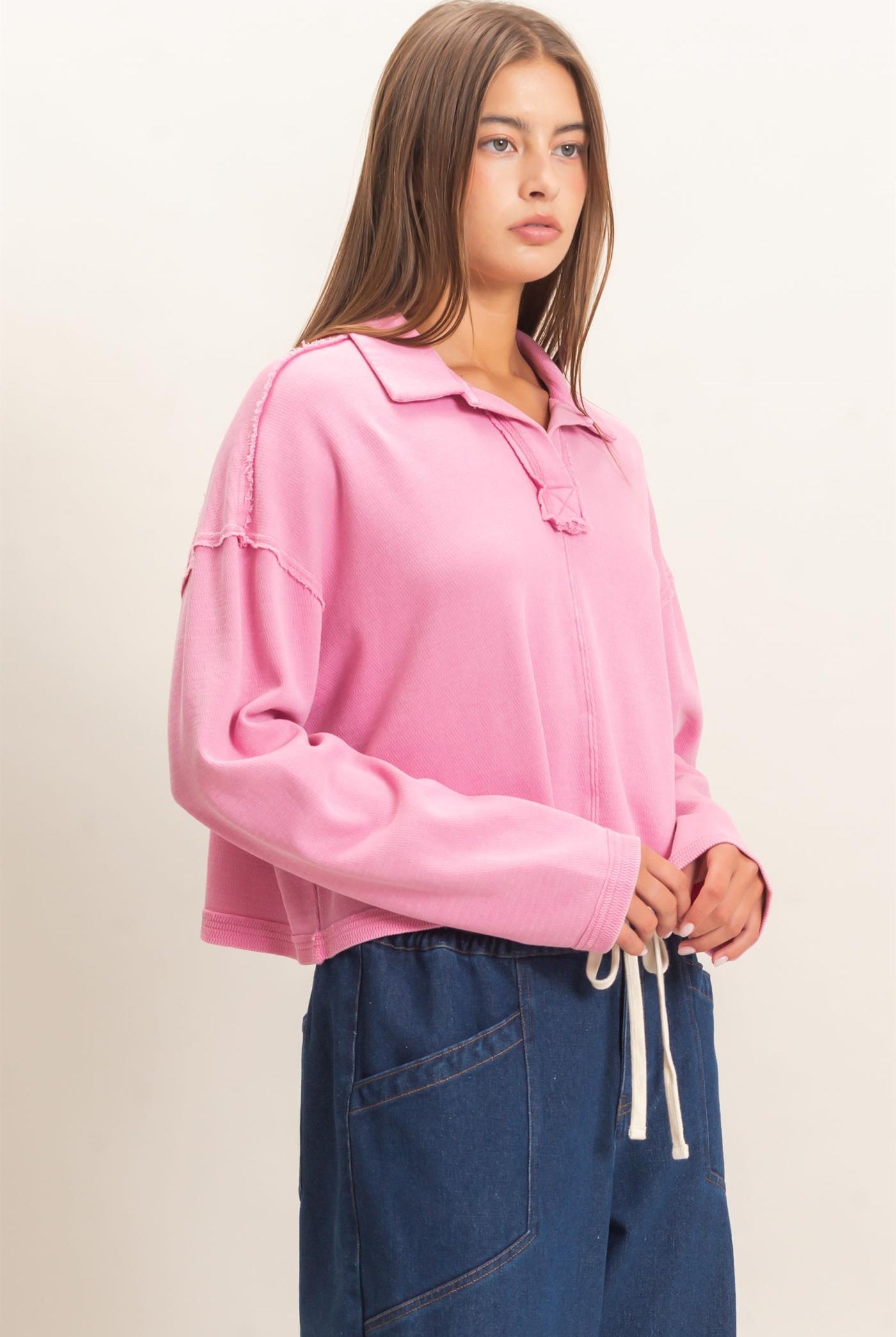 Wholesale Mineral Wash Textured Collar Top Polos DZ26E814 PINK DOUBLE ZERO