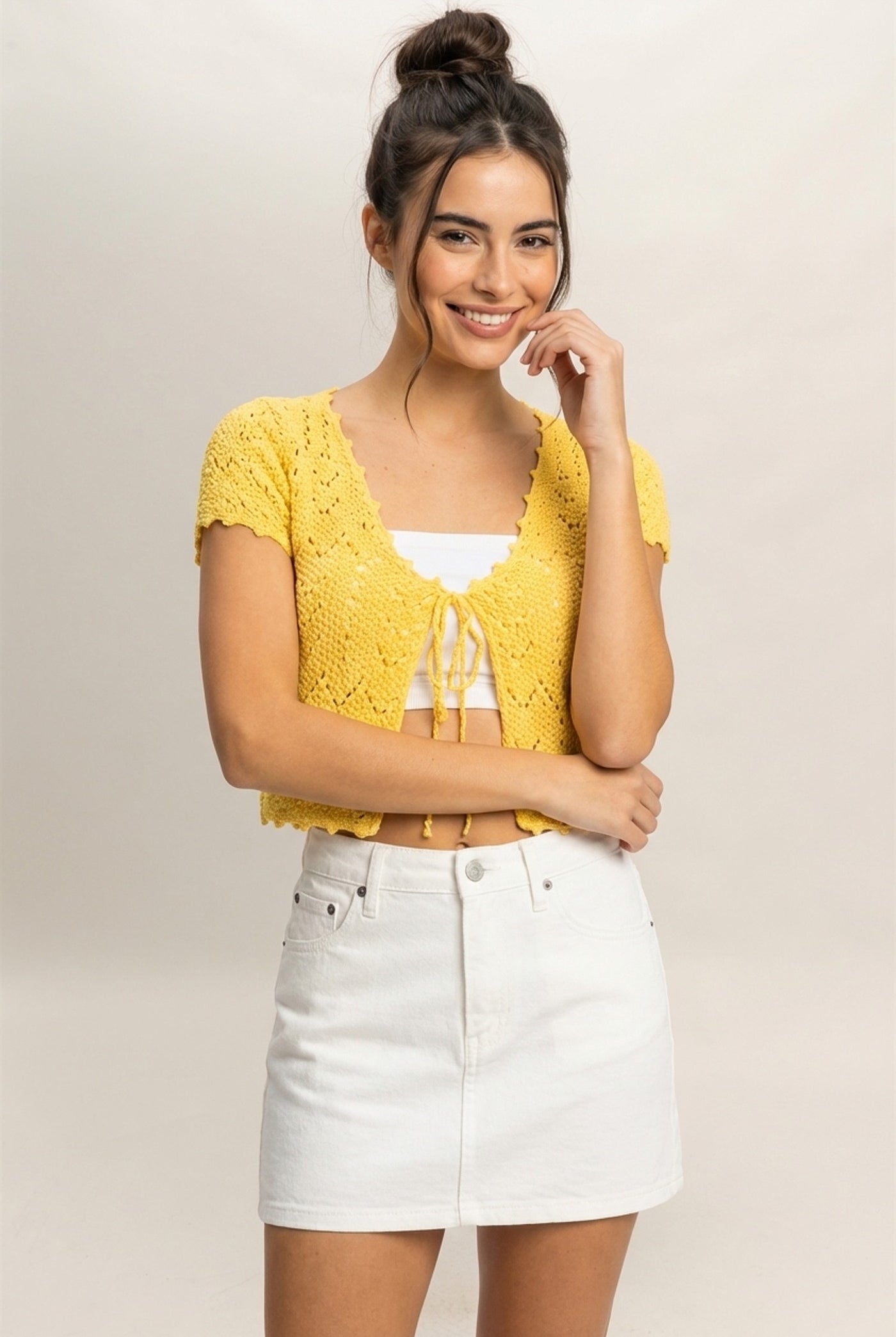 Wholesale Pointelle Tie Front Knit Cardigan Clothing Tops DZ24C268 PINEAPPLE DOUBLE ZERO