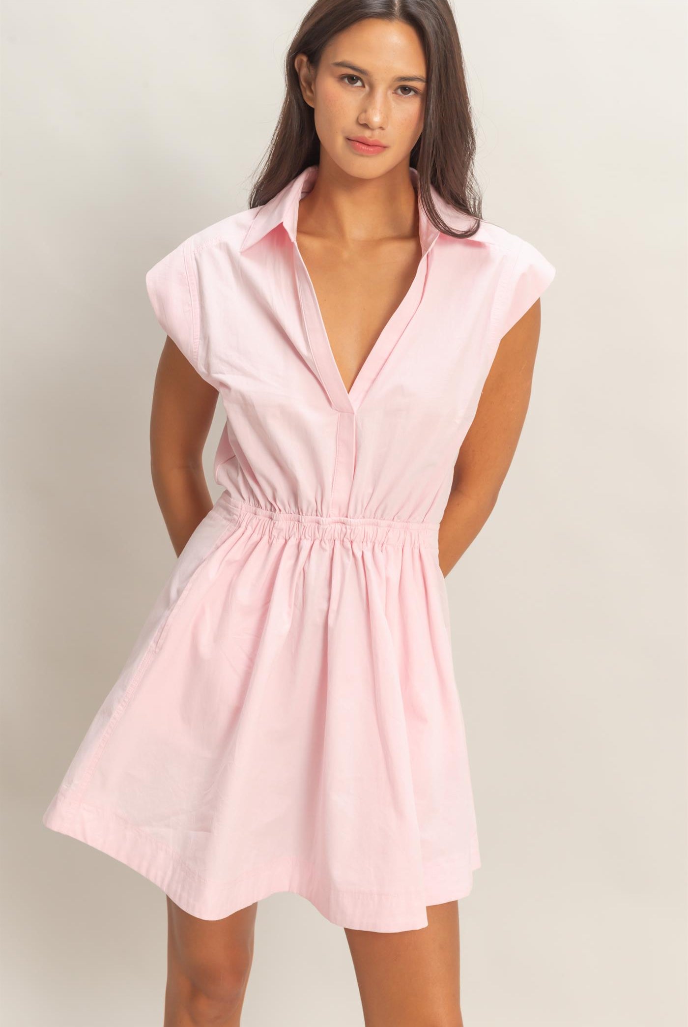 Wholesale Sleeveless Collared Shirred Mini Dress Dresses DZ26A751 SOFT PINK DOUBLE ZERO
