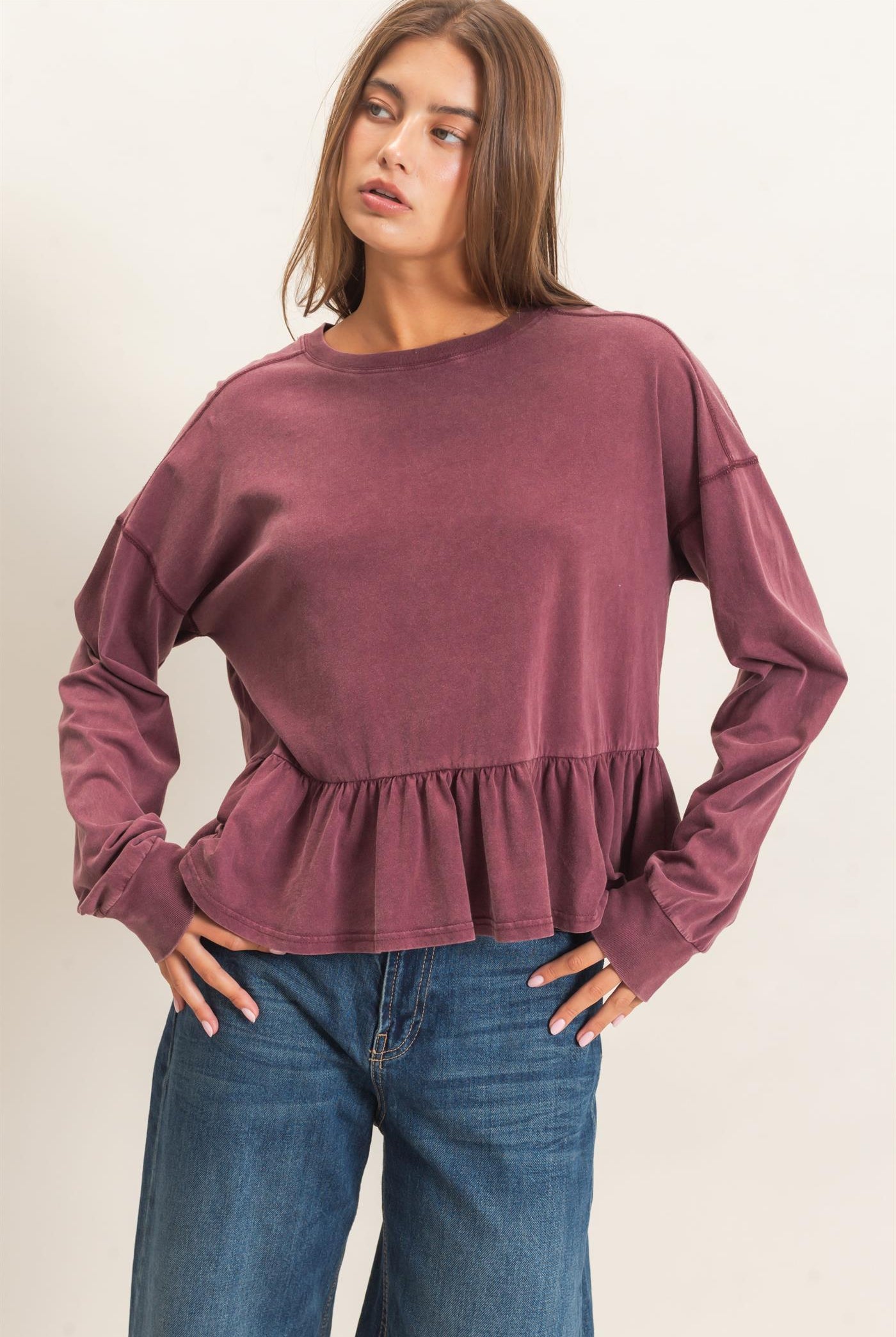 Wholesale Peplum Long Sleeve Top Clothing Tops DZ26F397 DARK CHERRY DOUBLE ZERO