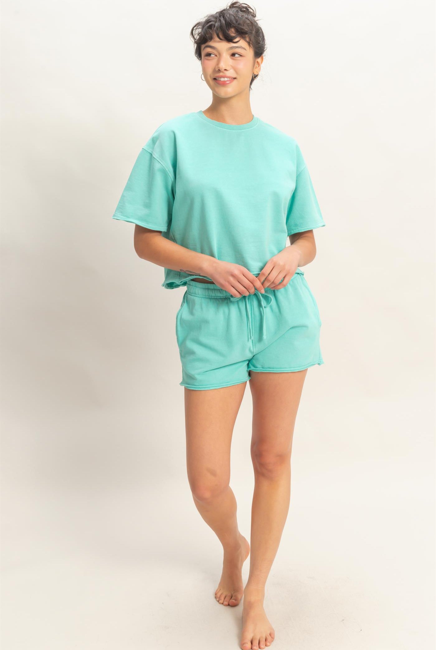 Wholesale Short Sleeve Crew Neck Top And Shorts Set Clothing DZ26C668-SET TURQUOISE DOUBLE ZERO