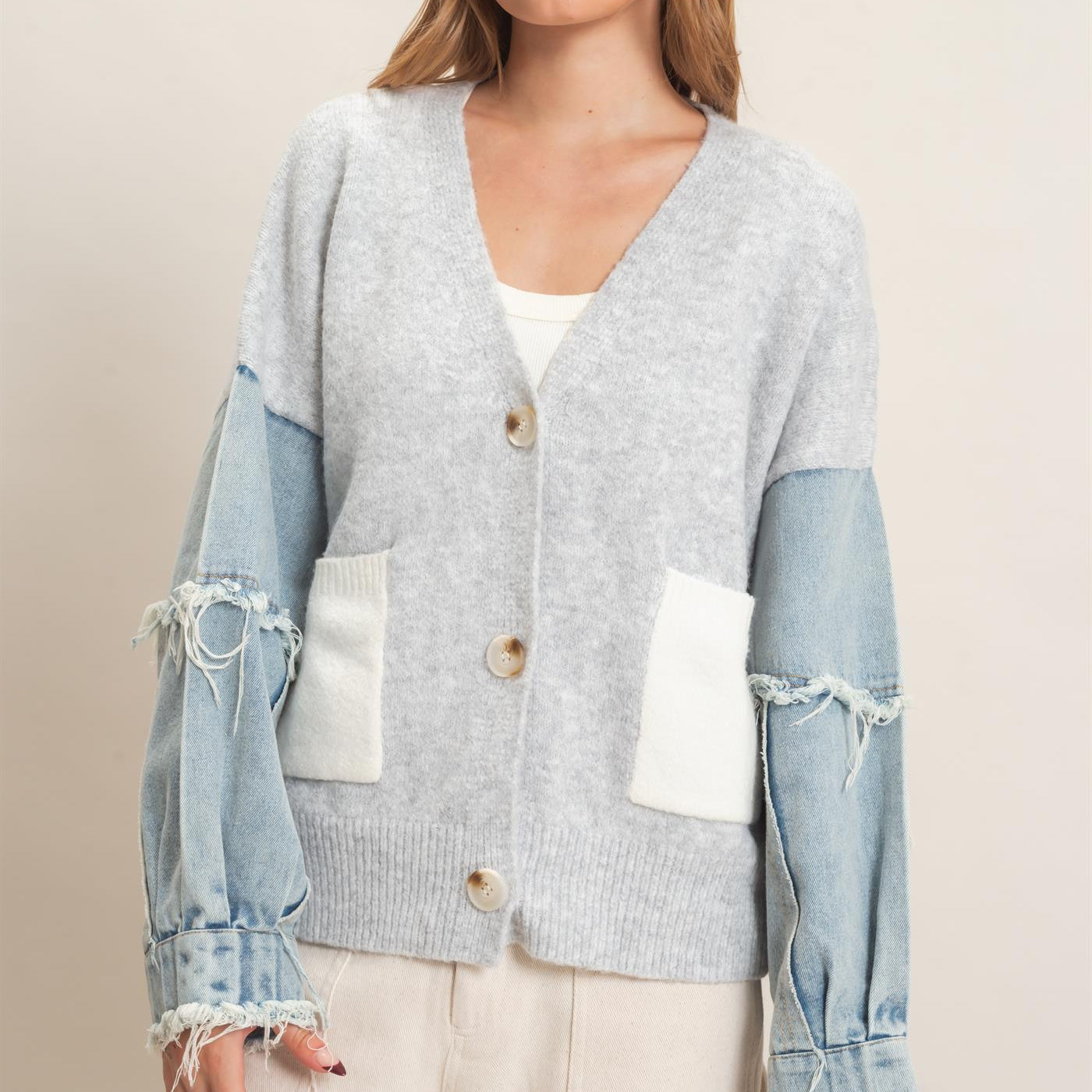 Wholesale V-Neck Cardigan With Distressed Denim Sleeves Cardigans HF26E838 LIGHT GRAY HYFVE