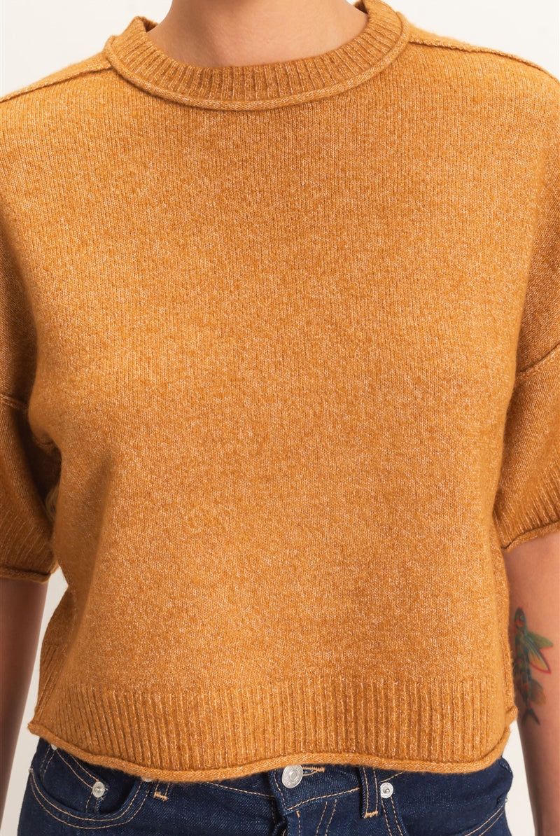 Wholesale Seam Detail Short Sleeve Knit Top Clothing Tops DZ26A827 CAMEL DOUBLE ZERO