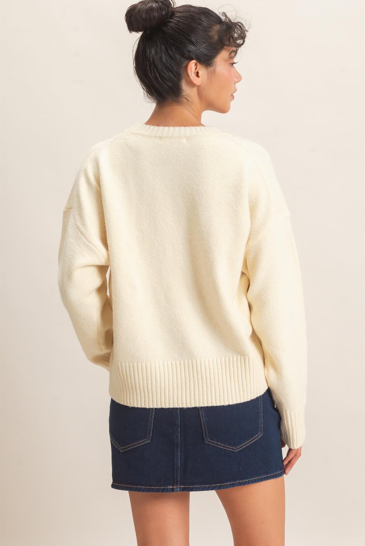 Wholesale Relaxed Fit Crew Neck Sweater Sweaters DZ26E956 CREAM DOUBLE ZERO